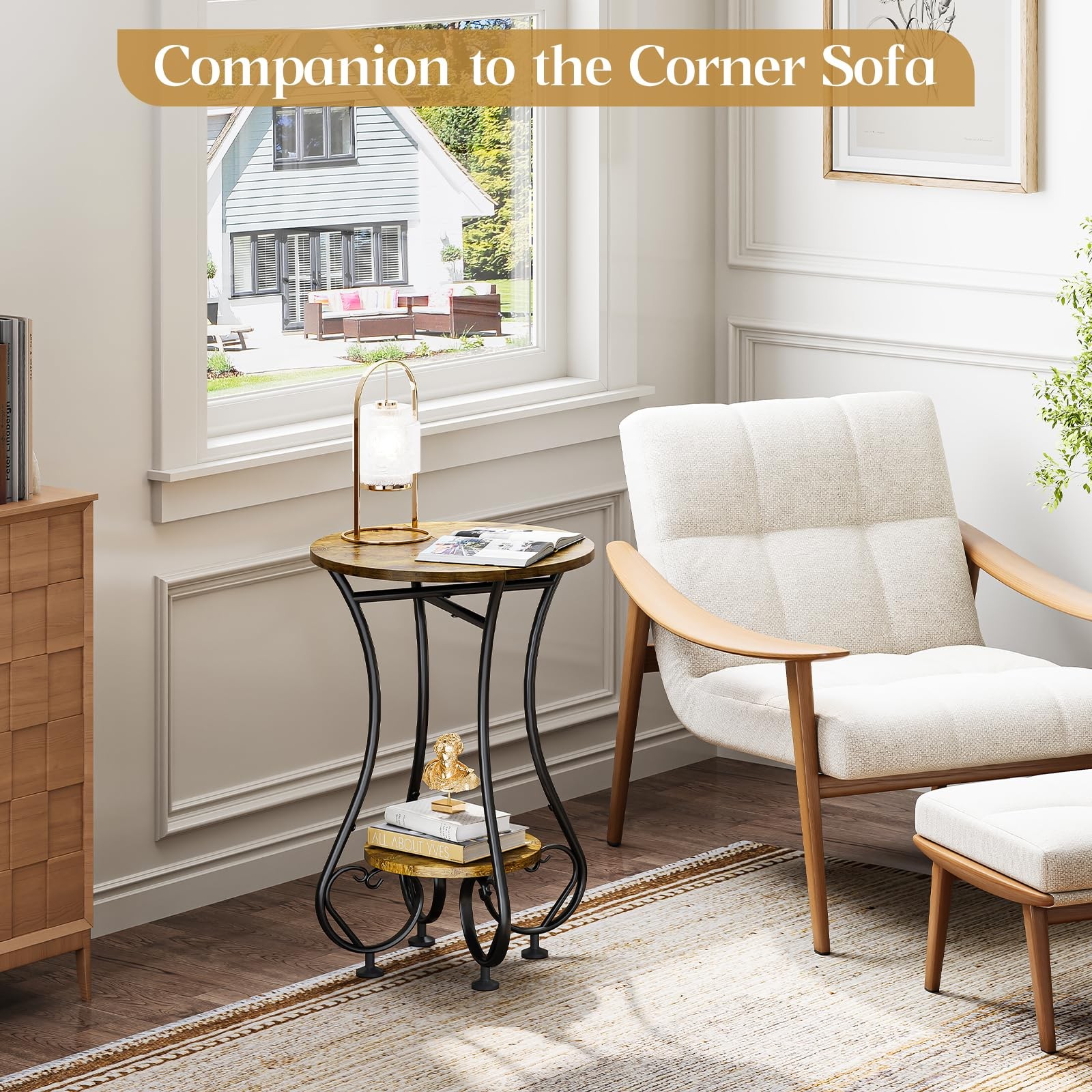 X-cosrack Small Round Side Table with Lower Shelf for Small Spaces, Compact End