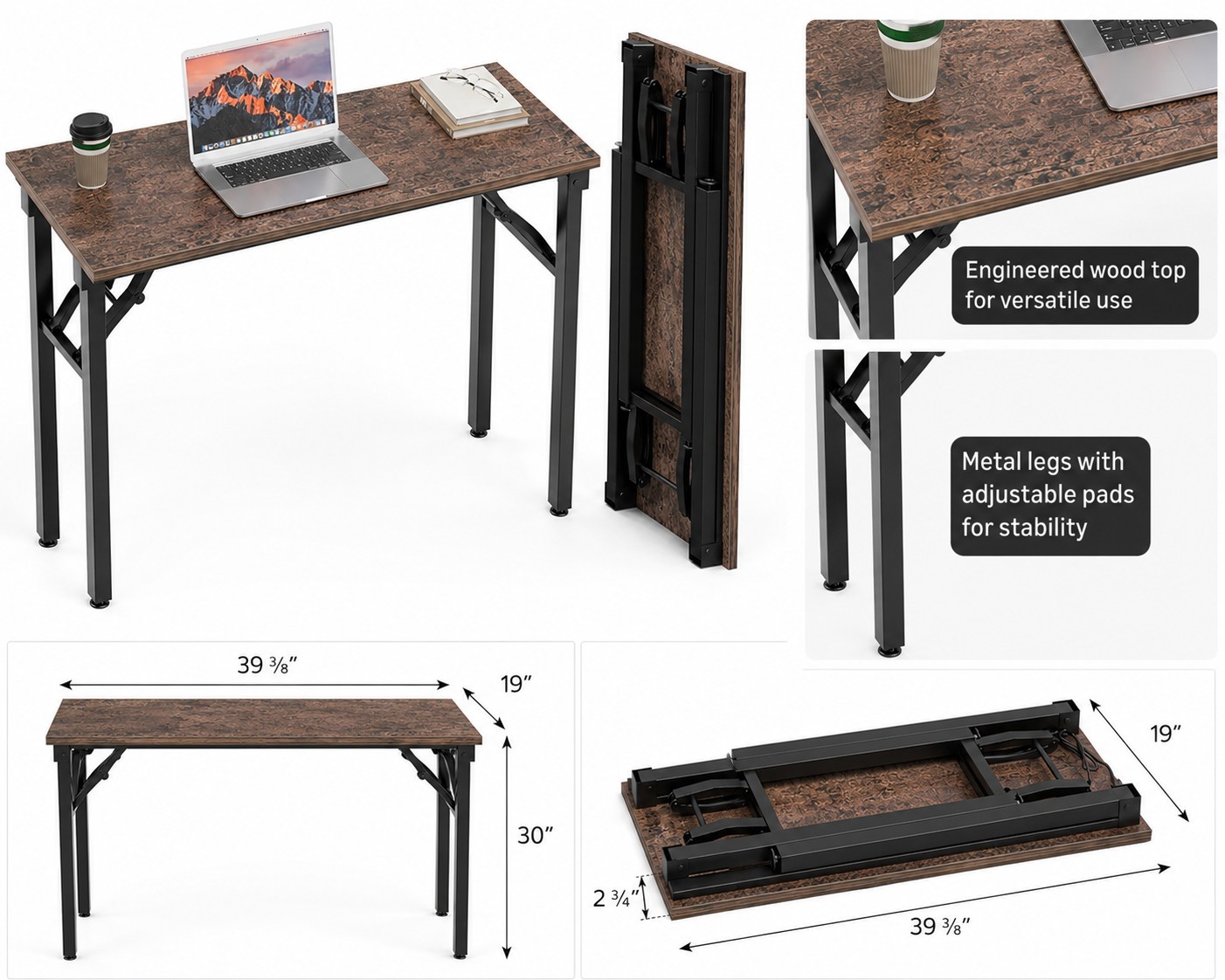 Folding Computer Desk Rustic Brown 44″ Engineered Wood Metal Legs