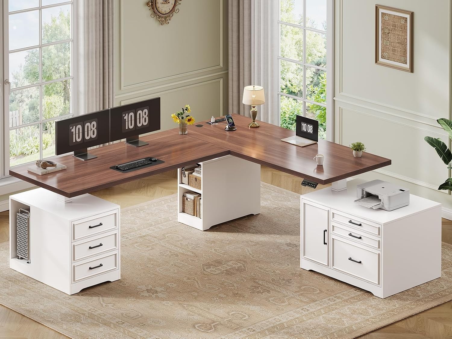 Farmhouse L Shaped Electric Standing Desk, Adjustable Computer Desk w/ 6 Drawers