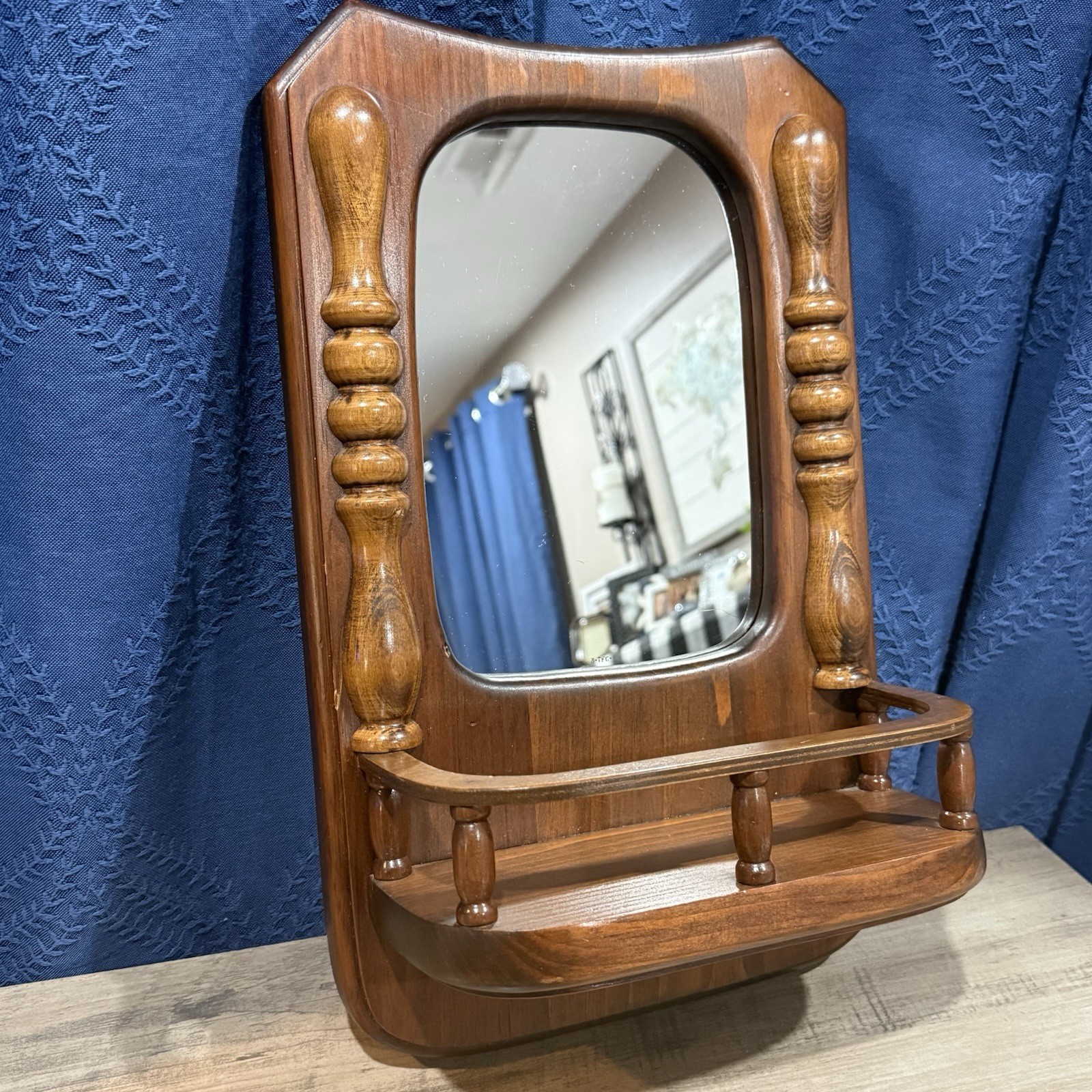 Solid Wood Framed Mirror with Shelf *Wall Decor* Shabby Farmhouse MCM* Spindles