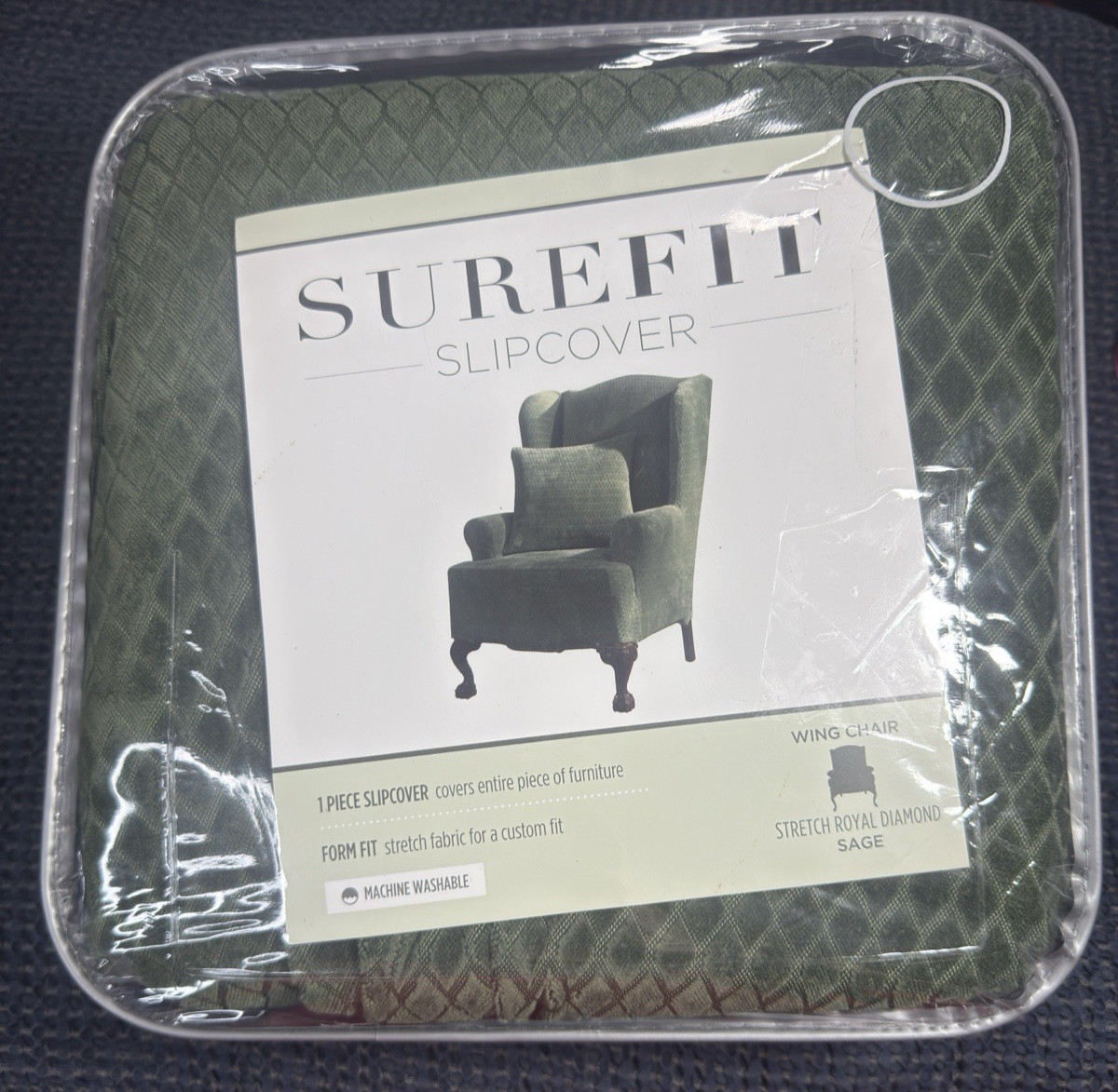 Surefit Slipcover Stretch Royal Diamond Wing Chair Sage Green