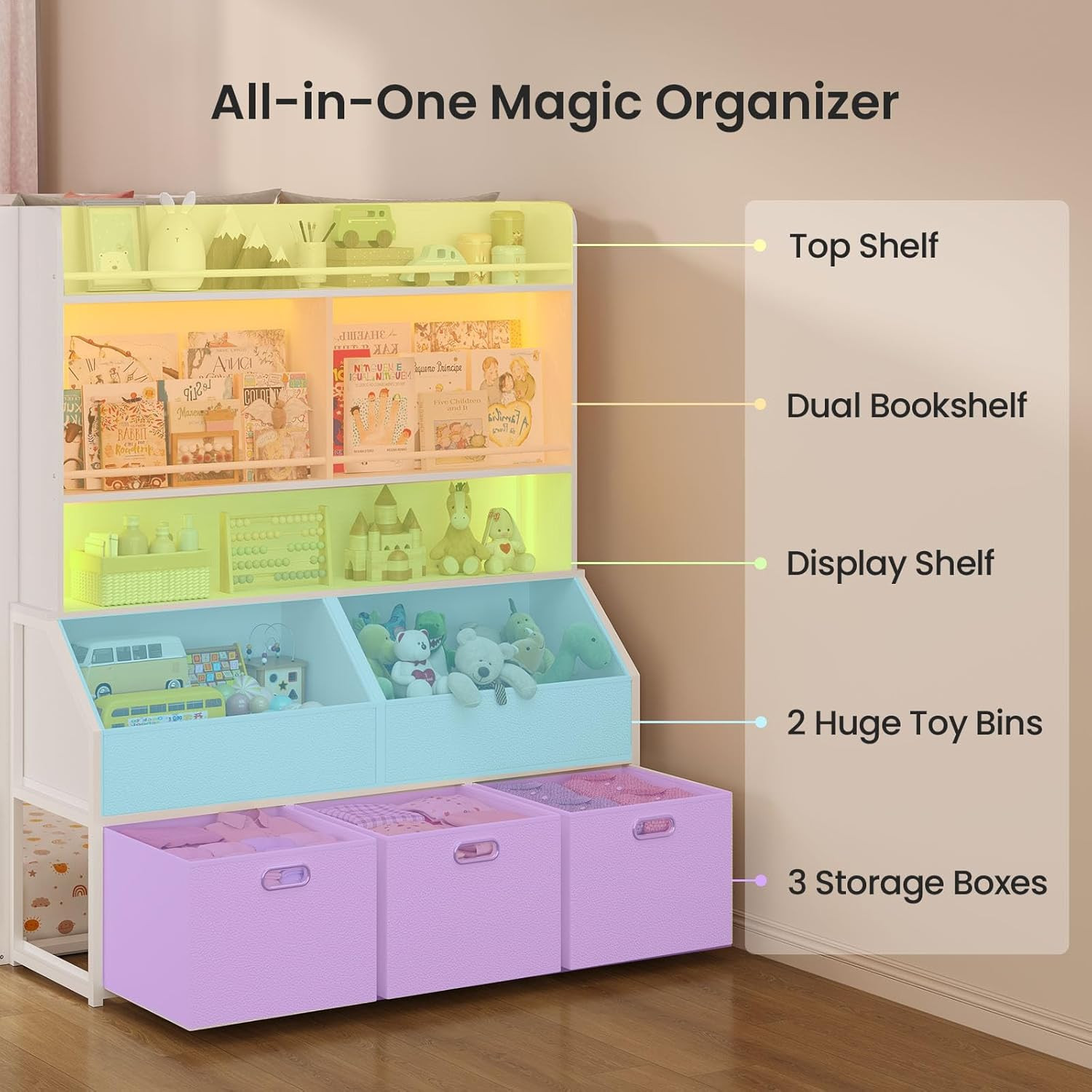 ADORNEVE Low Bunk Bed Twin Size with Bookshelf, Toy Organizer & Storage Drawers,