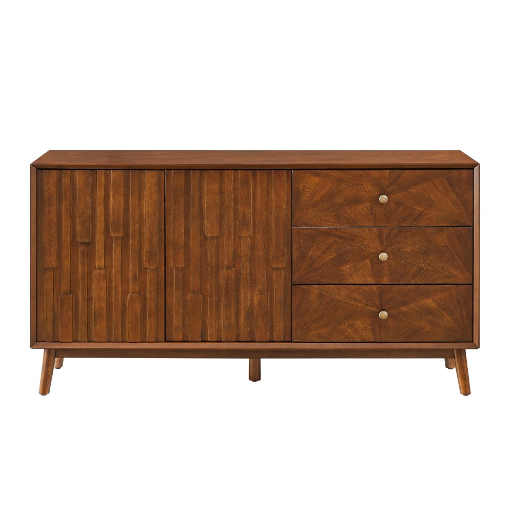 56 Inch Walnut Mid Century Modern TV Stand Solid Wood MDF Entertainment Center