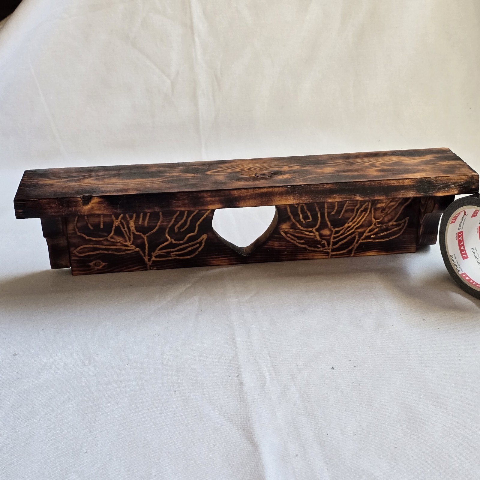 Rustic Wood Wall Shelf Tulip Heart Carved Farmhouse Decor 16.25” Handmade