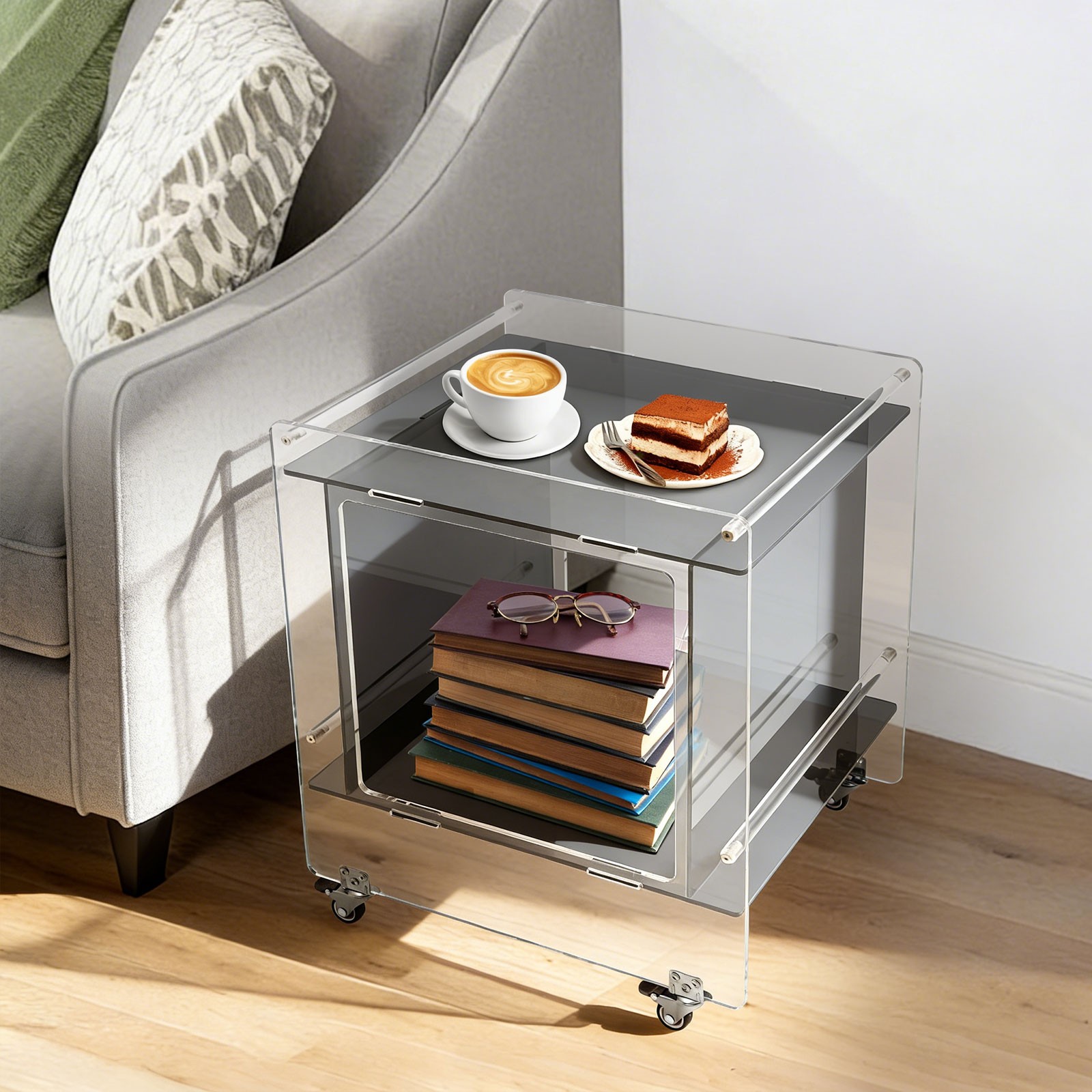 Side Table Acrylic Mobile Table 46x40x55cm Multifunctional End Table with Wheels