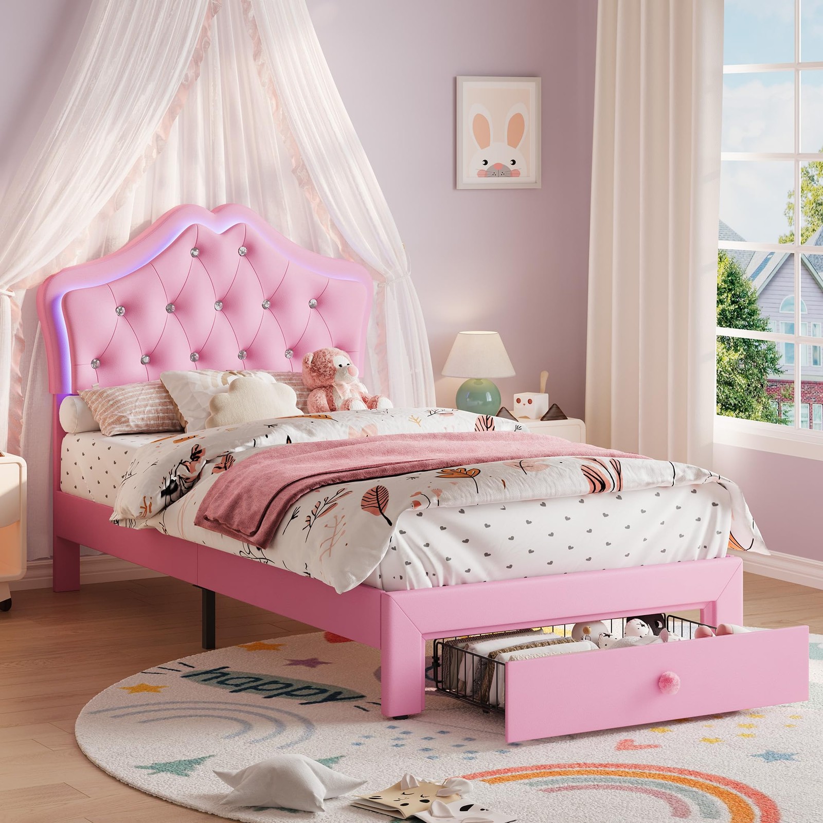 Twin Bed Frame for Kids with Headboard & LED Lights ,Velvet Upholstered Platform