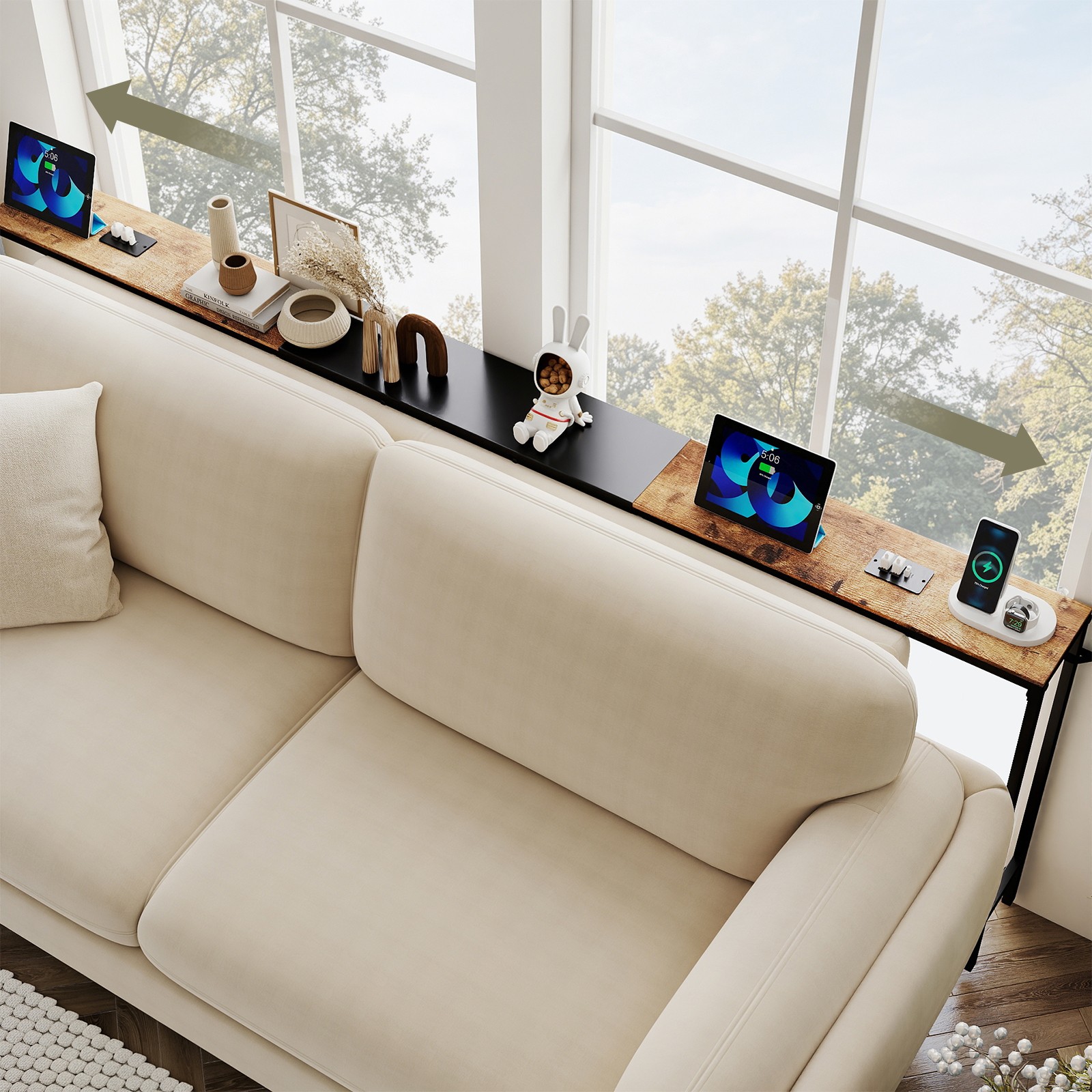 Huuger Narrow Sofa Table Behind Couch Table 157.5 Inch Adjustable with Charging