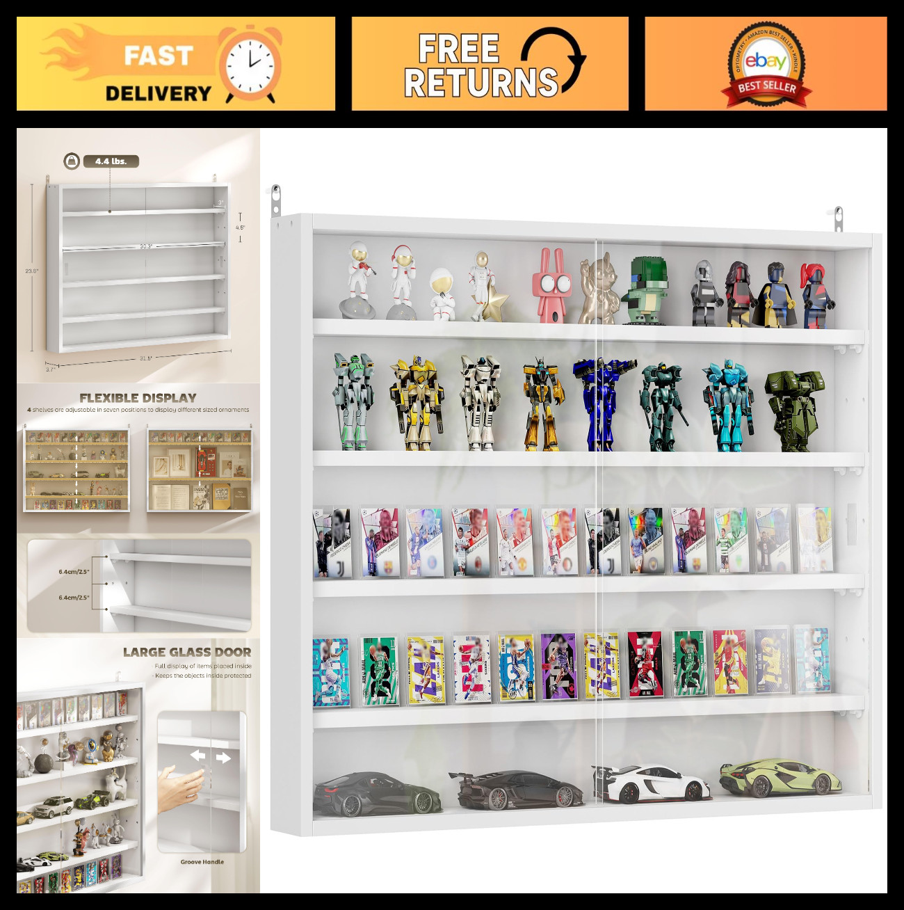 5-Tier Wall Mounted Display Cabinet with Glass Doors, 60x80cm, White | Adjustabl