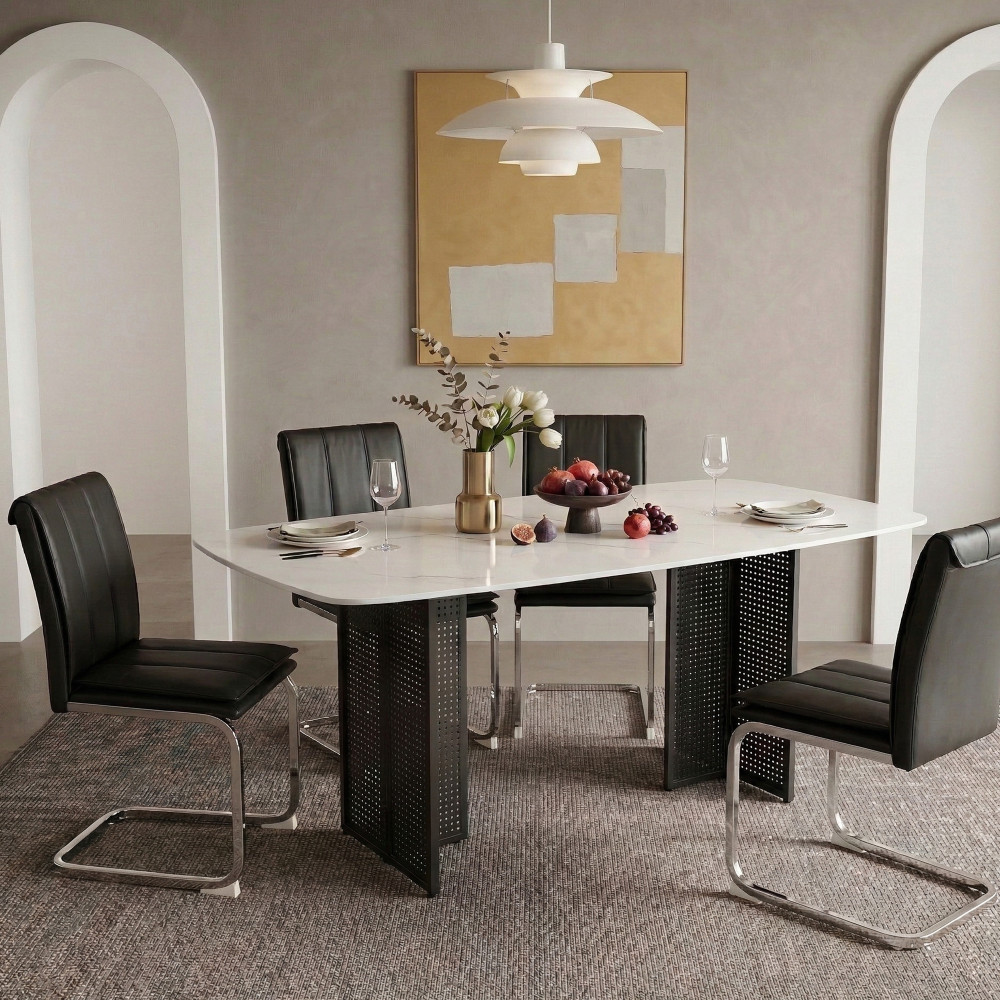 Rectangular Tempered Glass Dining Table for 6,Modern Kitchen Table w/Metal Legs