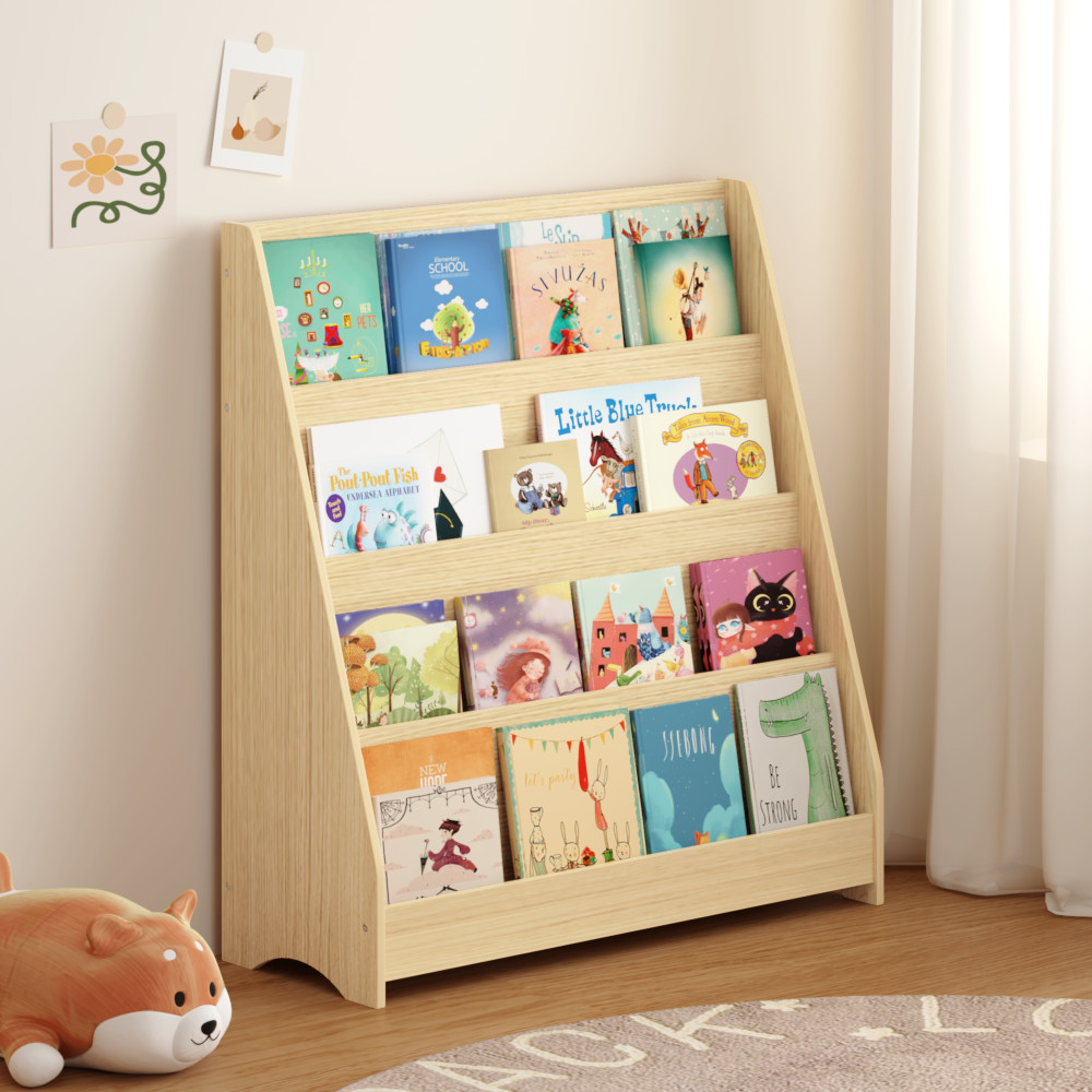 4-Tier Kids Bookshelf, Toddler Book Display Shelves, Natural