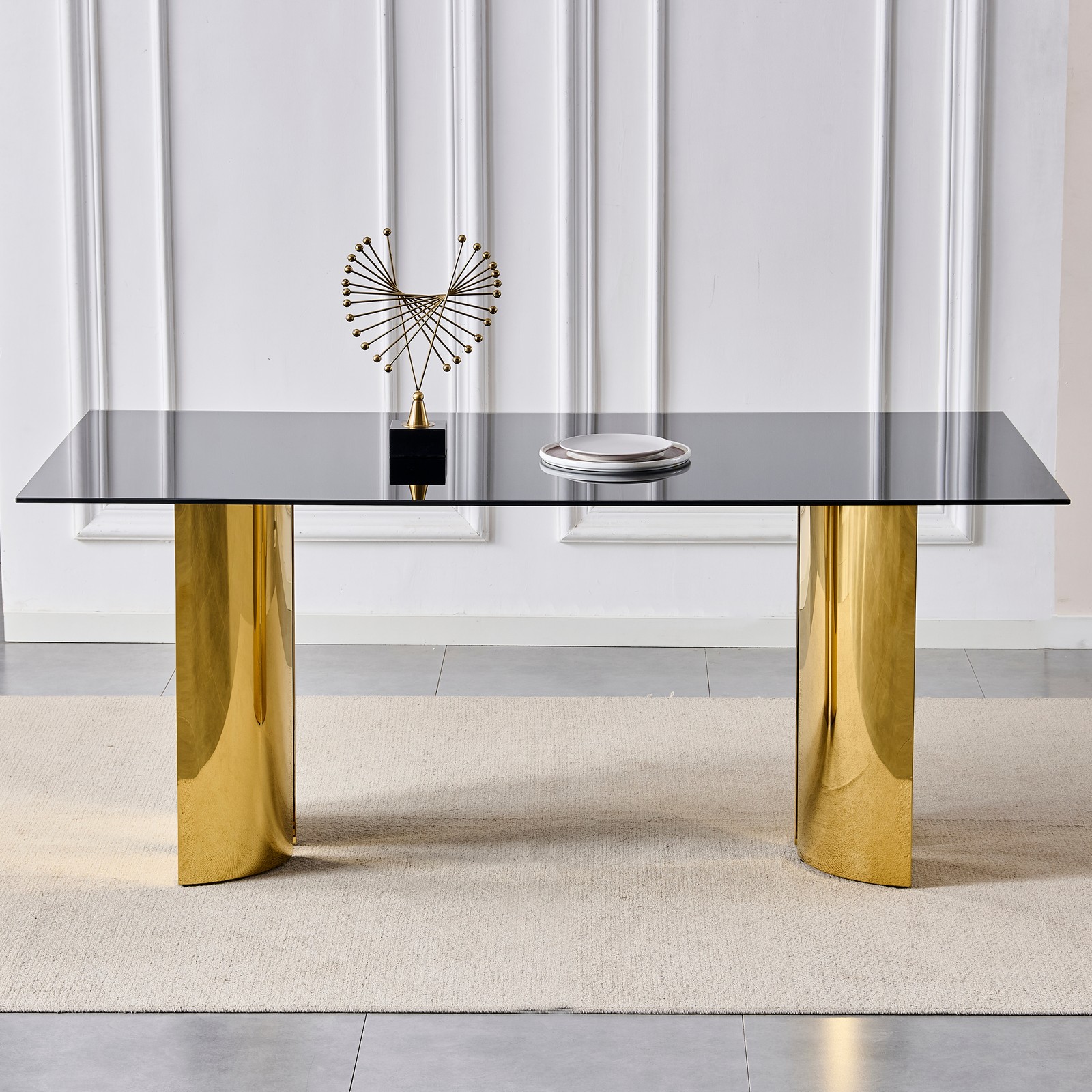 70″ Rectangular Dining Table Black Tempered Glass Gold Stainless Steel Legs