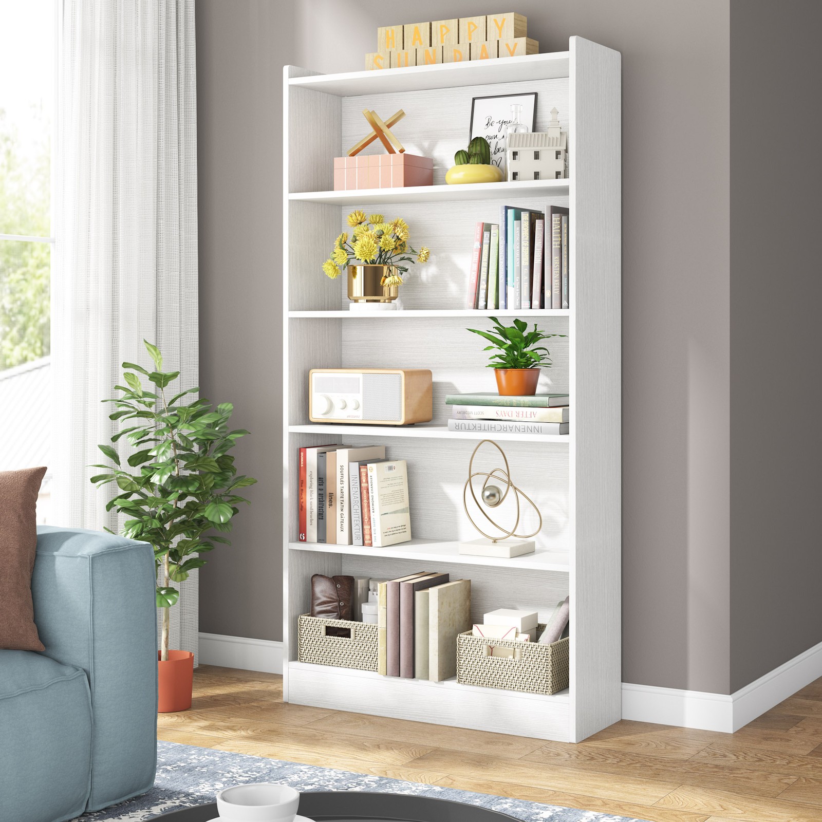 72-inch Tall Bookcase, Modern 6-Tier White Library Bookshelf with Storage Shelve