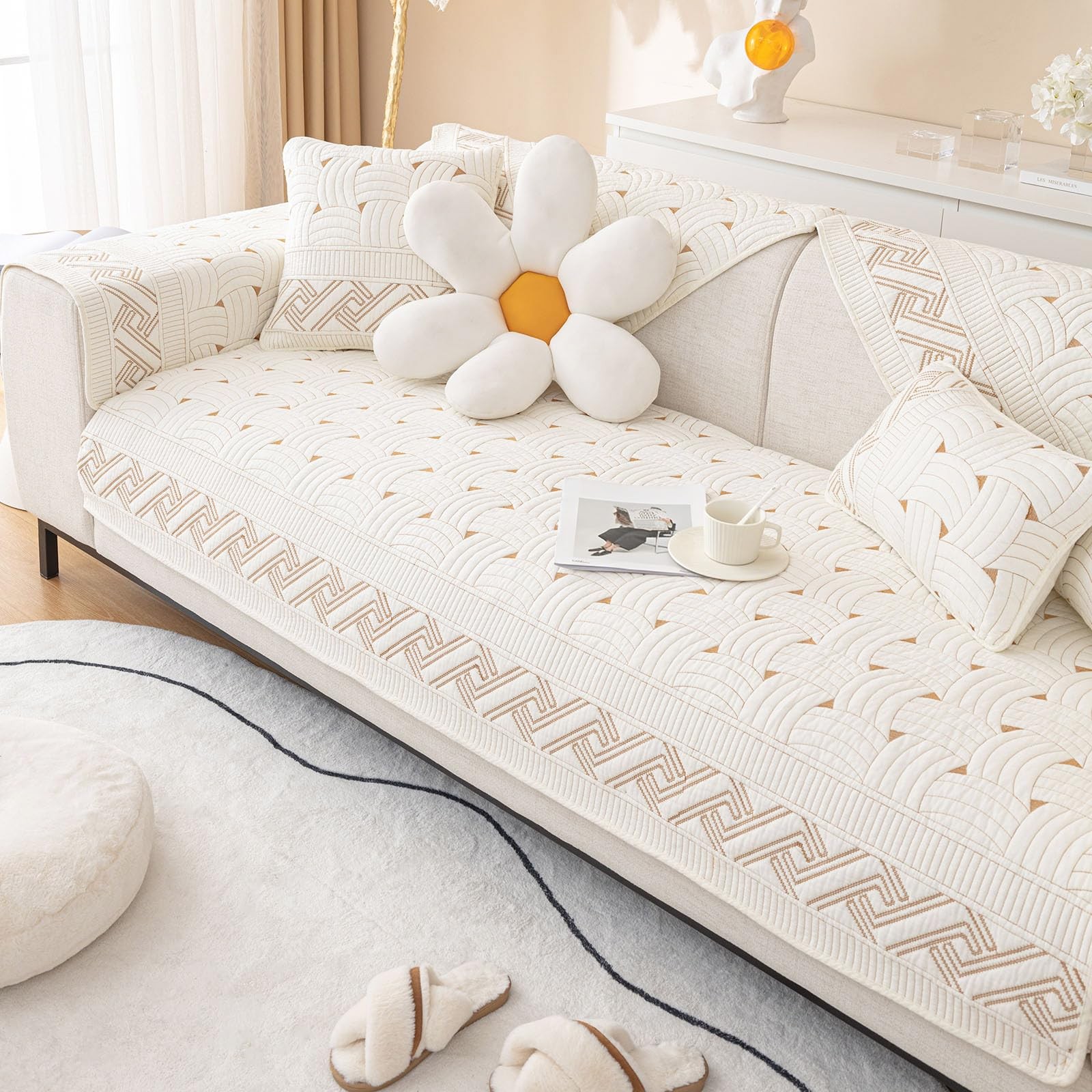 Solid Color Cotton Quilted Sofa Couch Cover Weave Pattern Soft Sectional Couc…