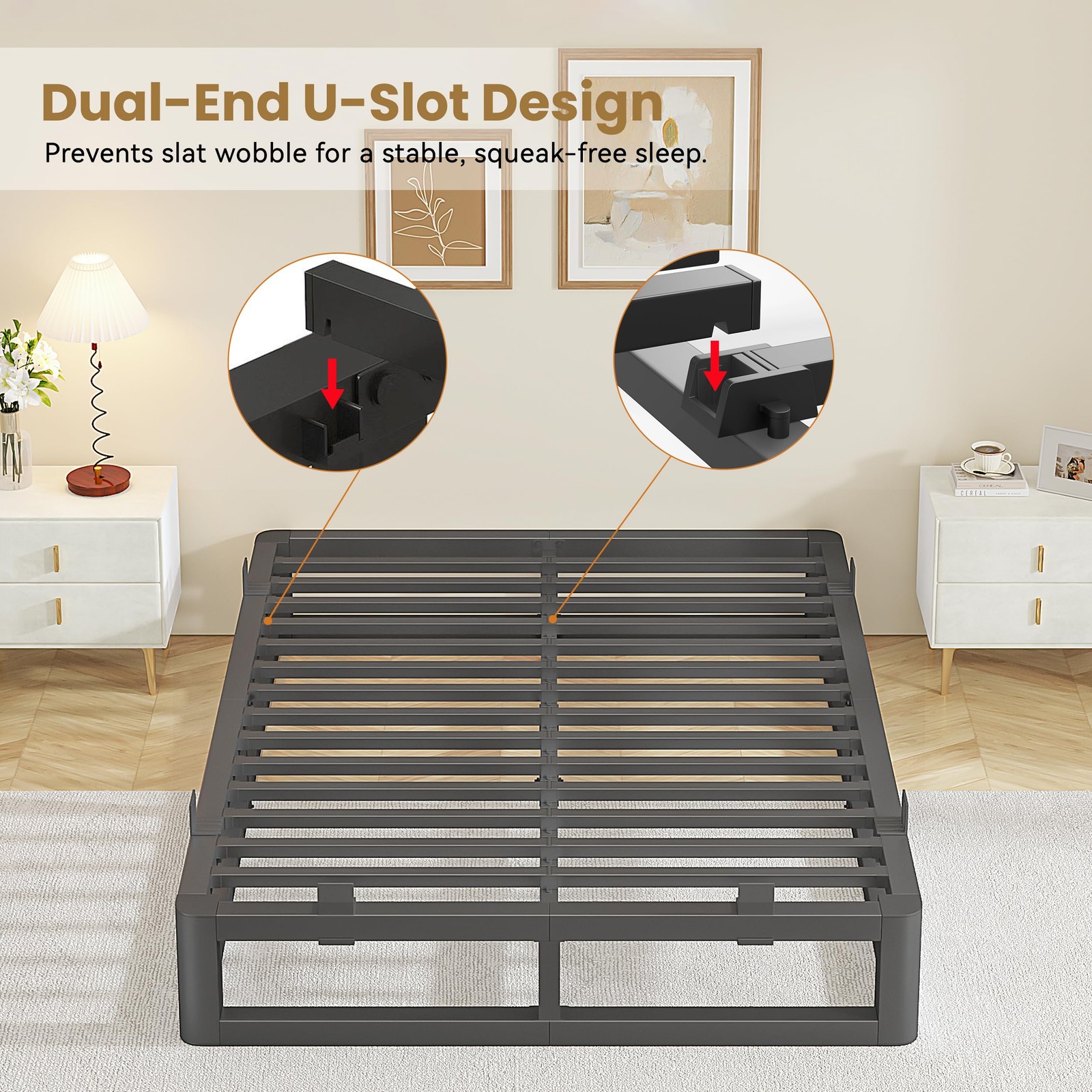 10 Inch Queen Bed Frame with Rounded Corner and Squeak Free U-Slot Design, Me…