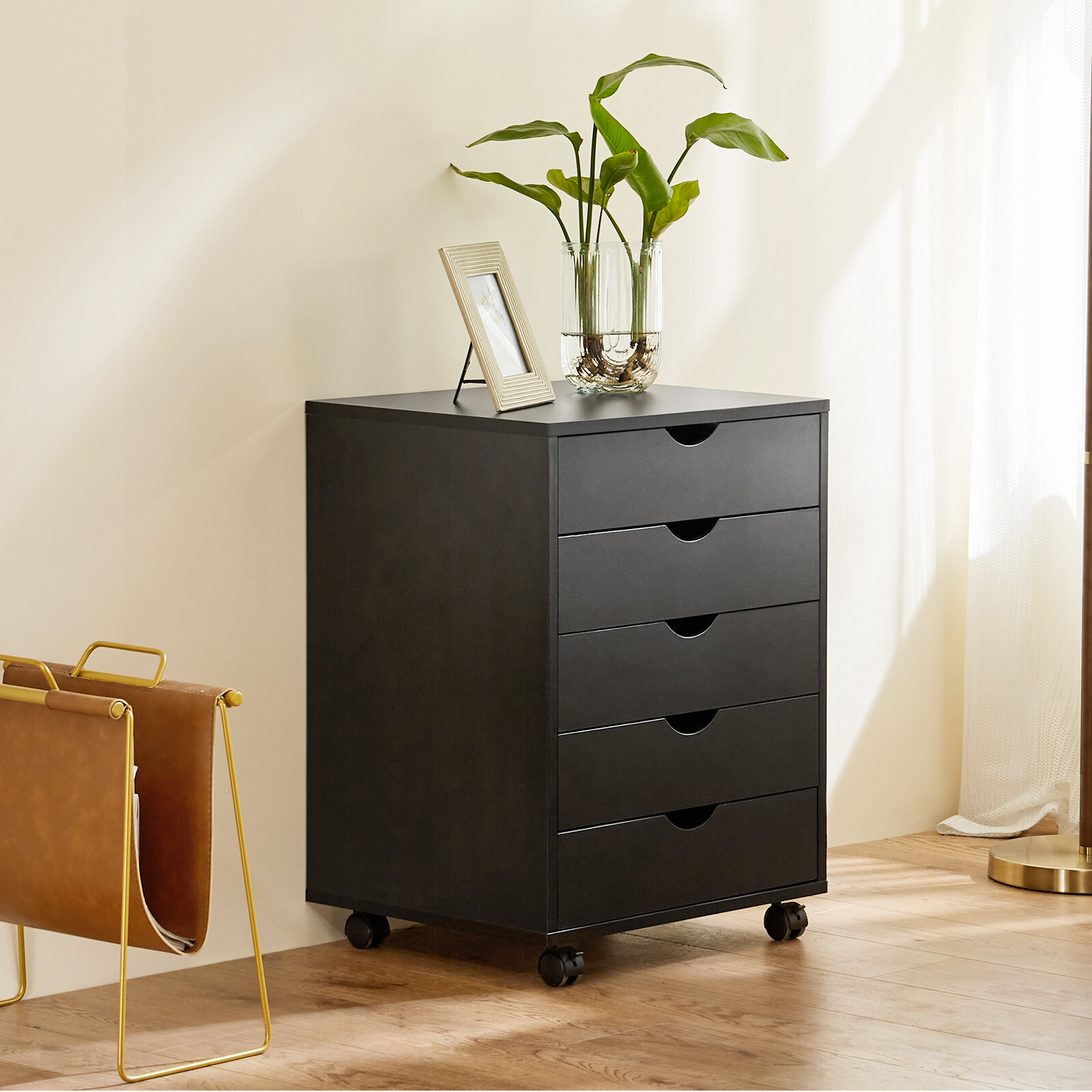 Black Mobile Wooden 5-Drawer Chest – Dresser and Storage Cabinet on Wheels