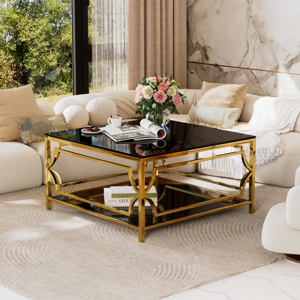 Square Glass Coffee Table in 33.5 in Luxurious Geometric Metal Frame Gold Finish
