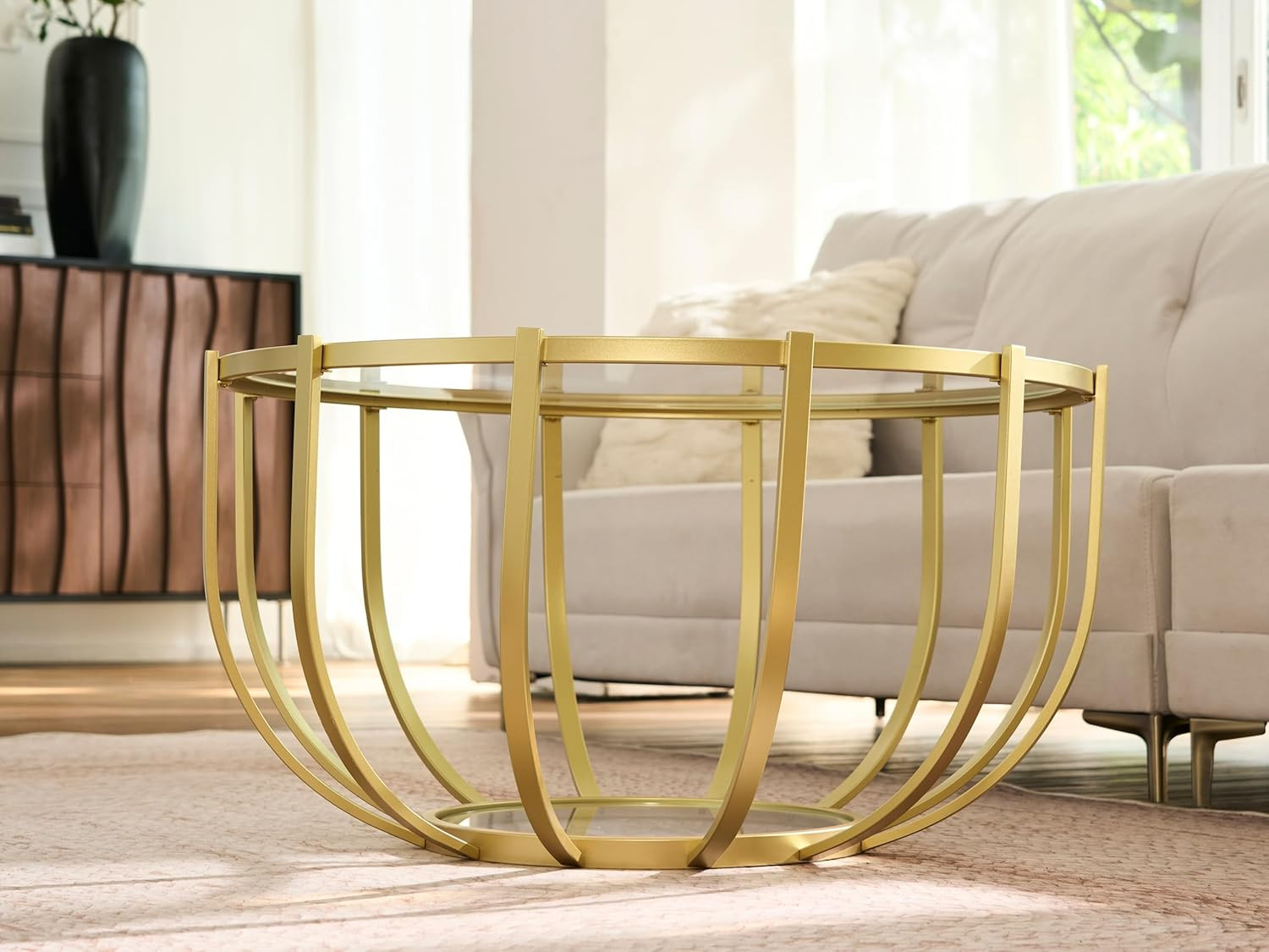 Glam Gold Round Glass Coffee Table, Mid-Century, 2-Tier Design, 30.7″ D