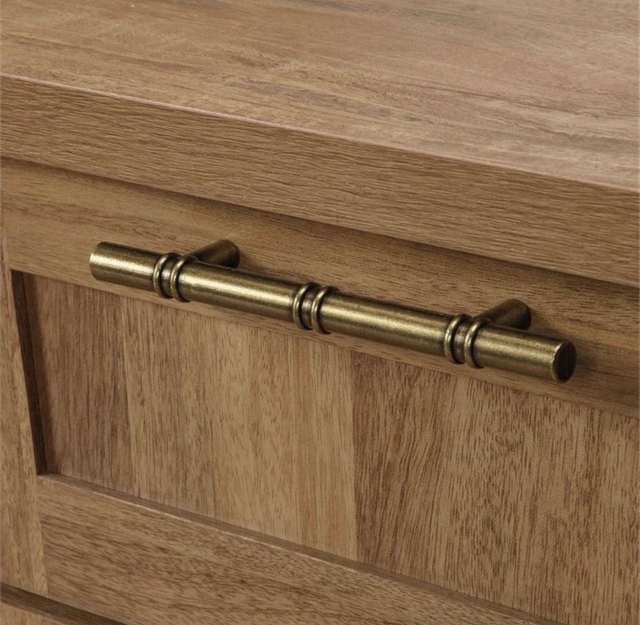 Light Brown Gold Finish L-Shaped Corner Desk Wood Drawers Shelves 60.5″ x 59″