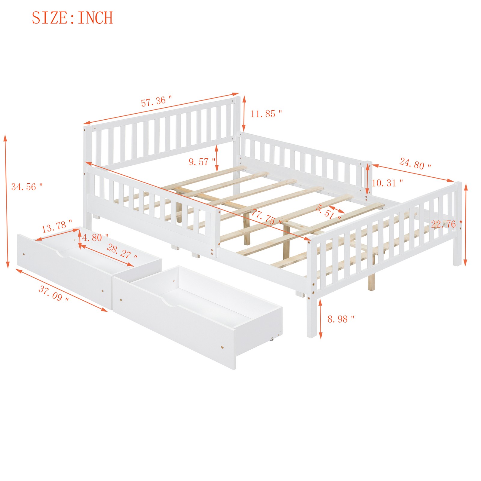 Full Size Bed Frame w/ Guardrails on Both Sides Two Storage Drawers White Wood