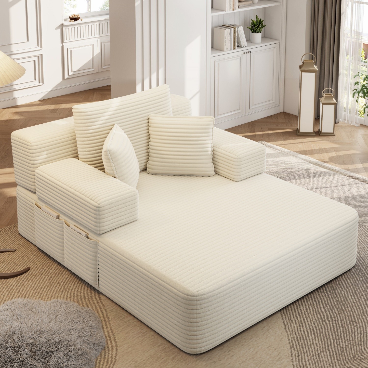 Modern Plush Corduroy Sofa Bed Chaise Lounge No Assembly Required with 3 Pillows