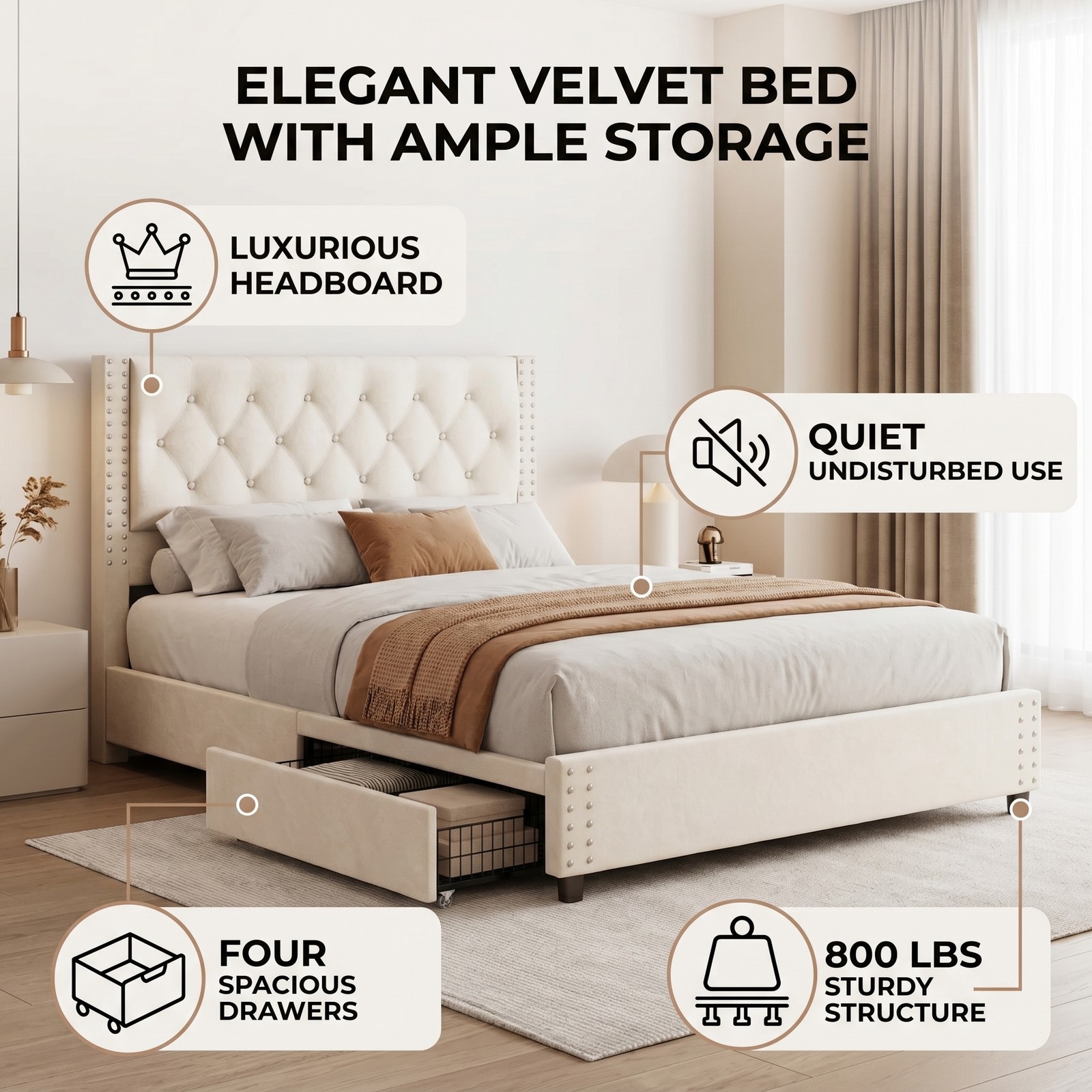 Queen Size Bed Frame With Headboard 4 Drawers Easy 40-Minute Assembly