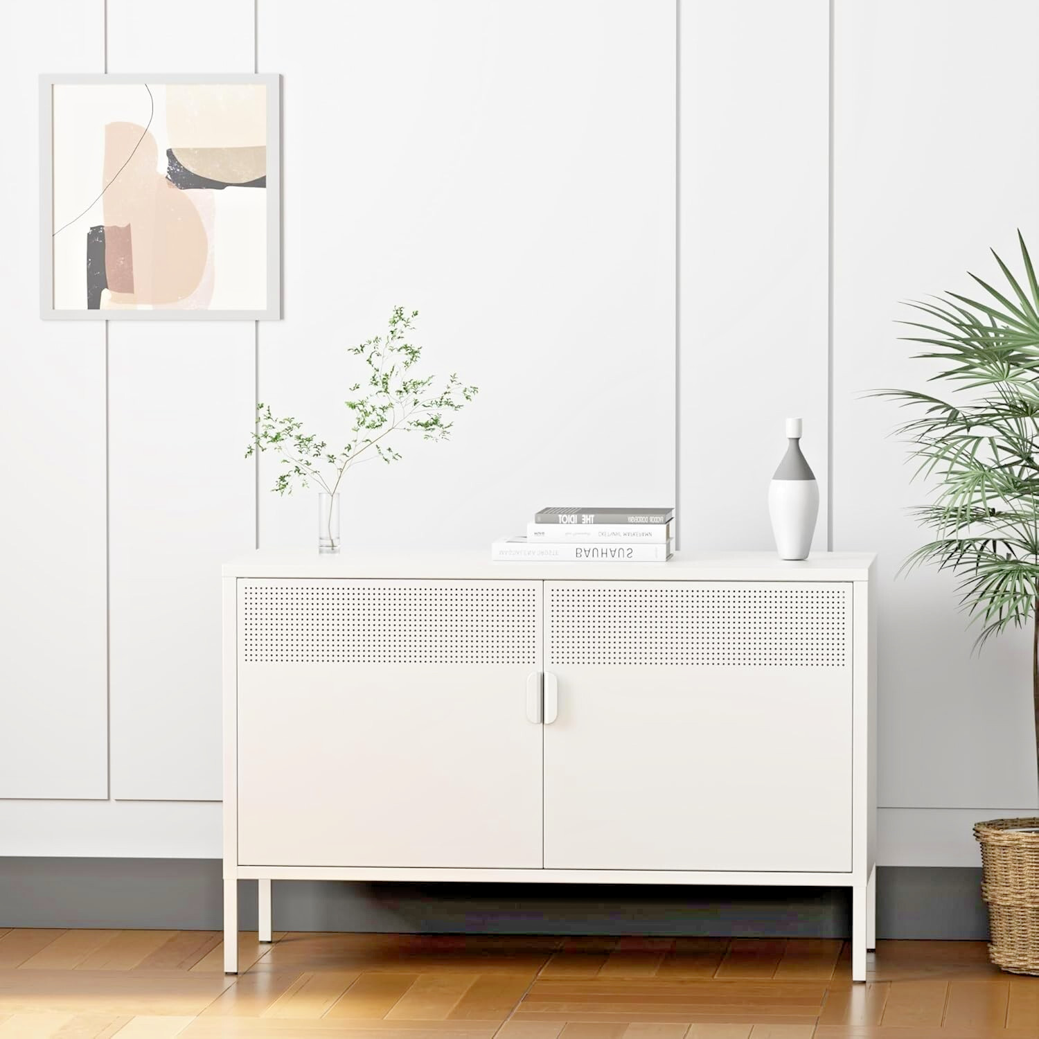 Elegro White 25.19″ Metal Locker Storage Cabinet, TV Stand With Adjustable Shelf