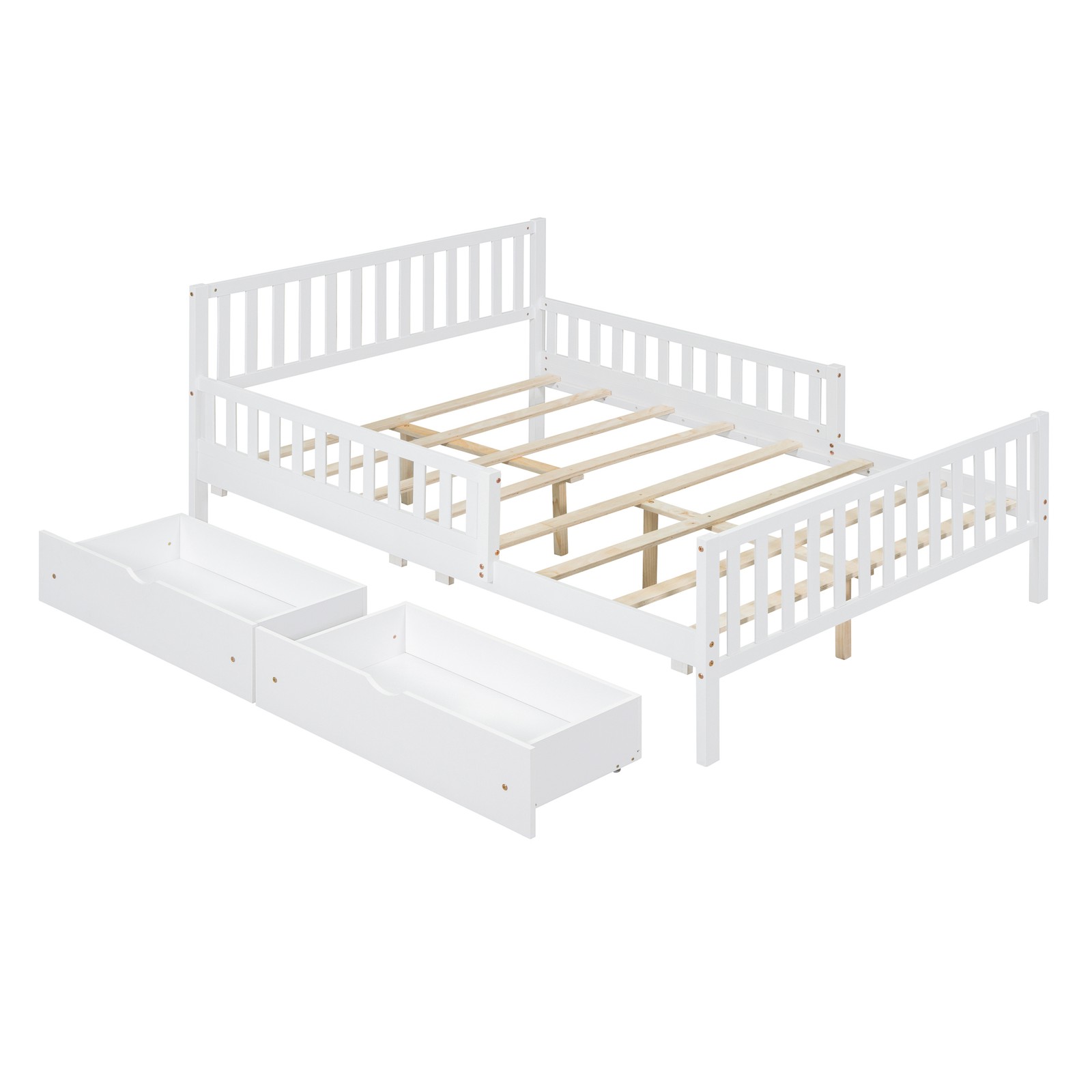 Full Size Bed Frame w/ Guardrails on Both Sides Two Storage Drawers White Wood