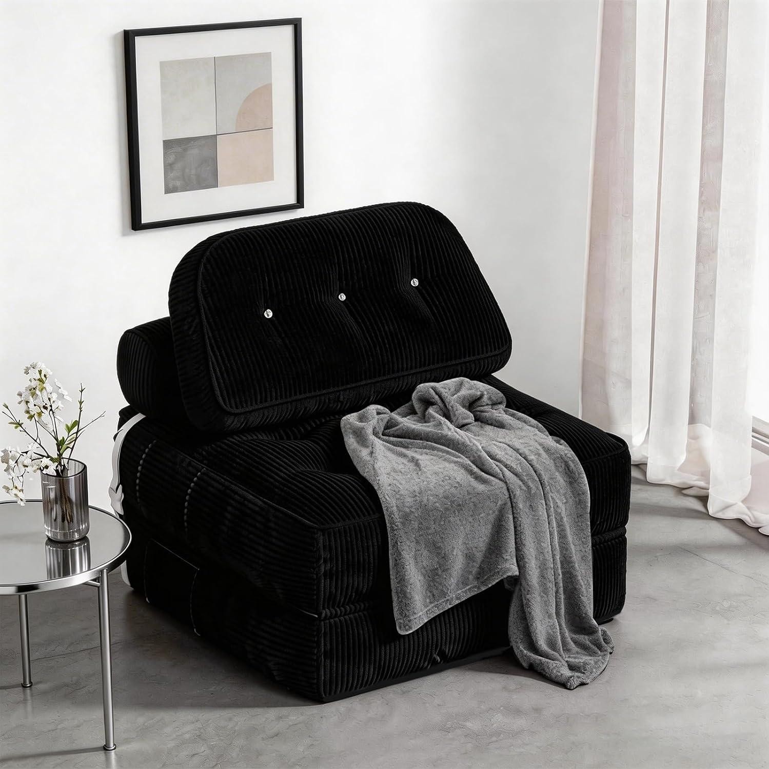 Folding Sofa Bed, Flannel Futon Couch Bed with Pillow and Blanket, Convertible