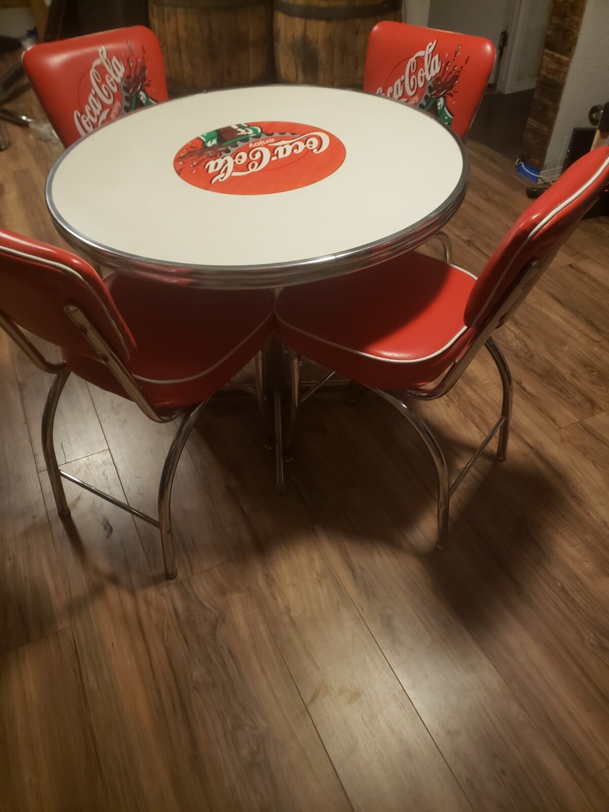 Authentic Coke table with 4 chairs branded table and chair backs vinyl , used
