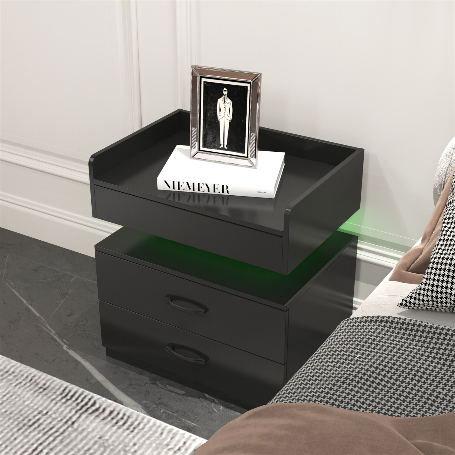 LED Nightstand Bedside Table End Table Side Table w/ 2 Drawers White/Gray/Black