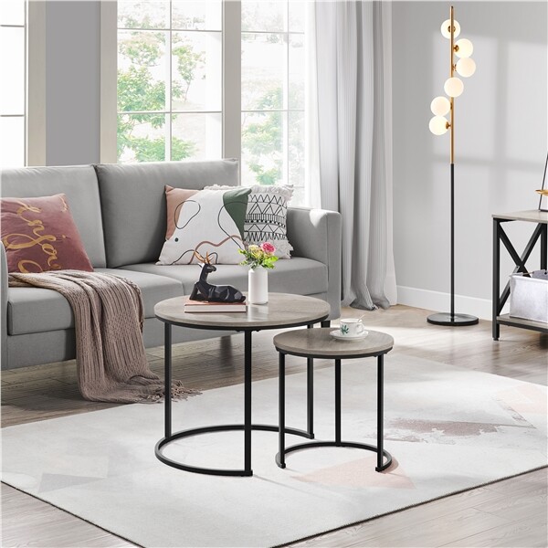 Rustic Round Nesting Coffee Table Set w/ Metal Leg & Wooden Tabletop Living Room