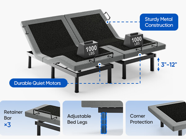 2000LBS Power Base Adjustable Bed Frame Bed Wireless Remote Split King Size