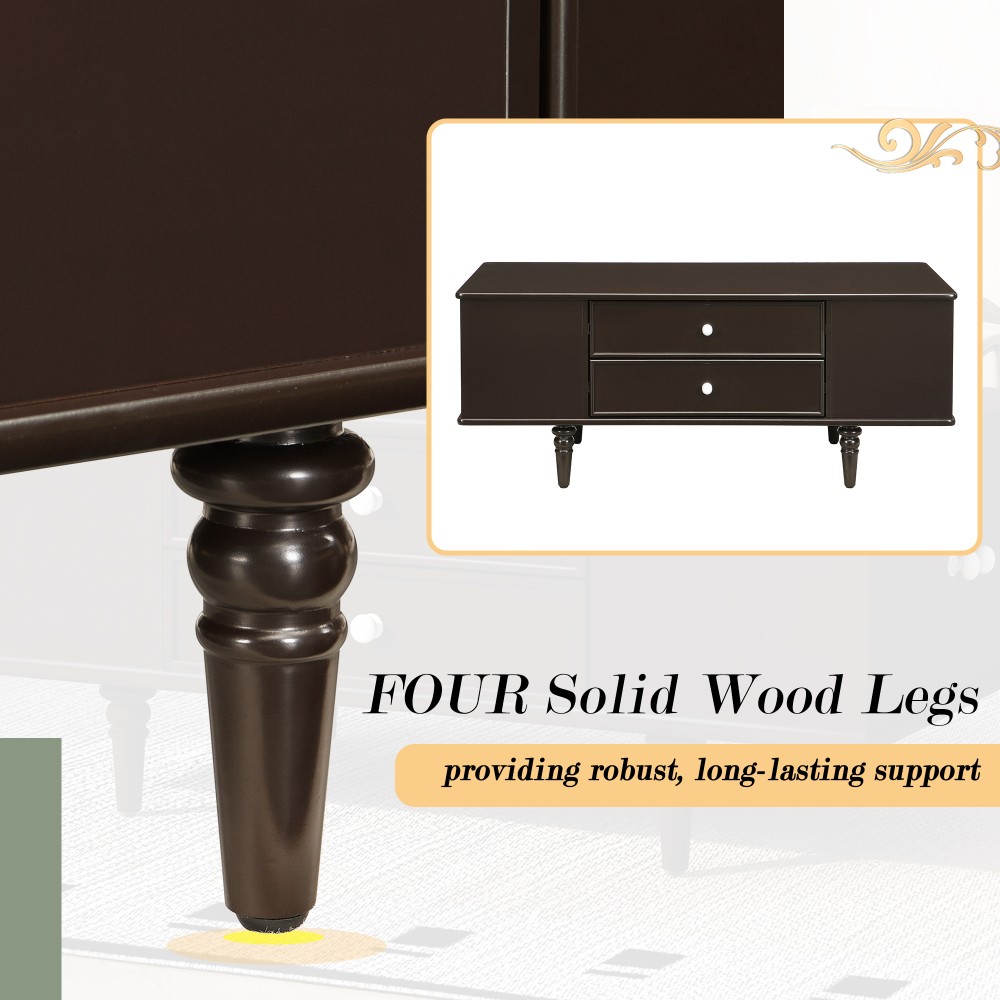 Rectangular coffee table W four drawers and handles, featuring four table legs.
