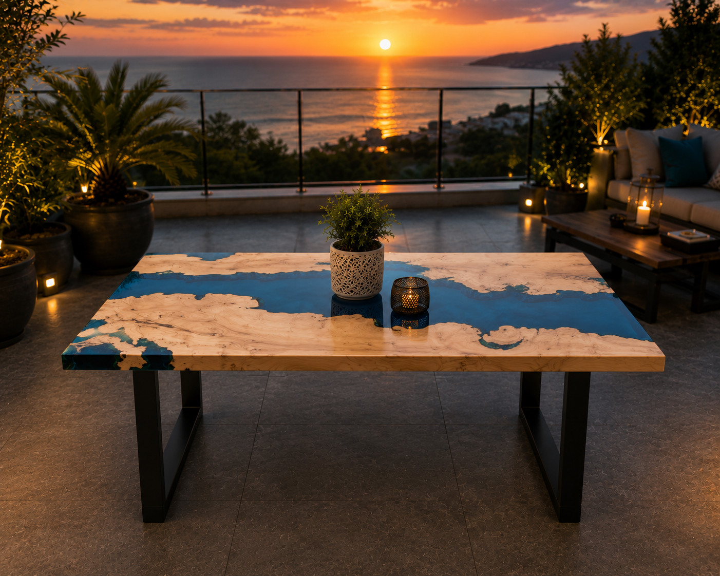 Blue Ocean Epoxy River Dining Table | Live Edge Wood Table Luxury Terrace Table
