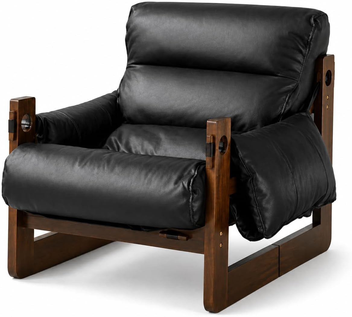 Mid Century Black Leather Accent Chair with Padded Arms for Relaxation