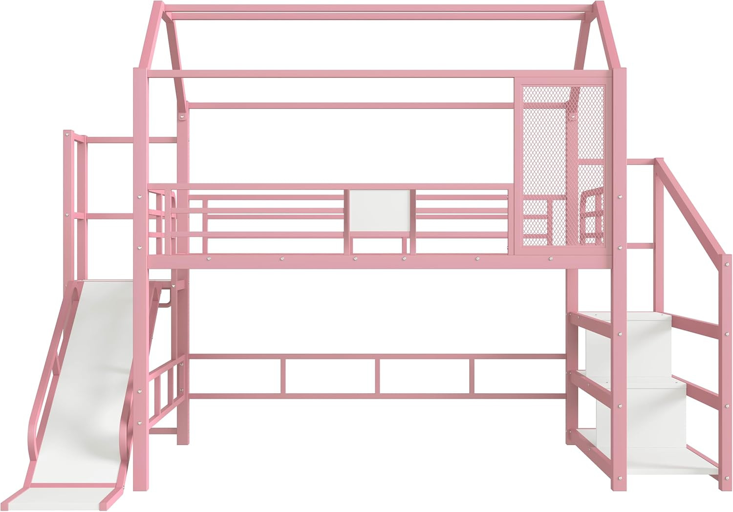 Pink Full Over Full Metal Bunk Bed with Slide and Stairs for Kids
