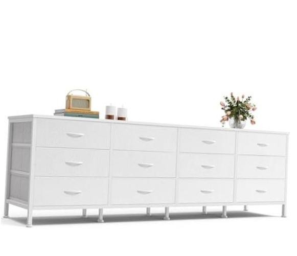 70 Inch Dresser for Bedroom, TV Stand for 65, 75, 80 Inch TV, 12 Fabric White