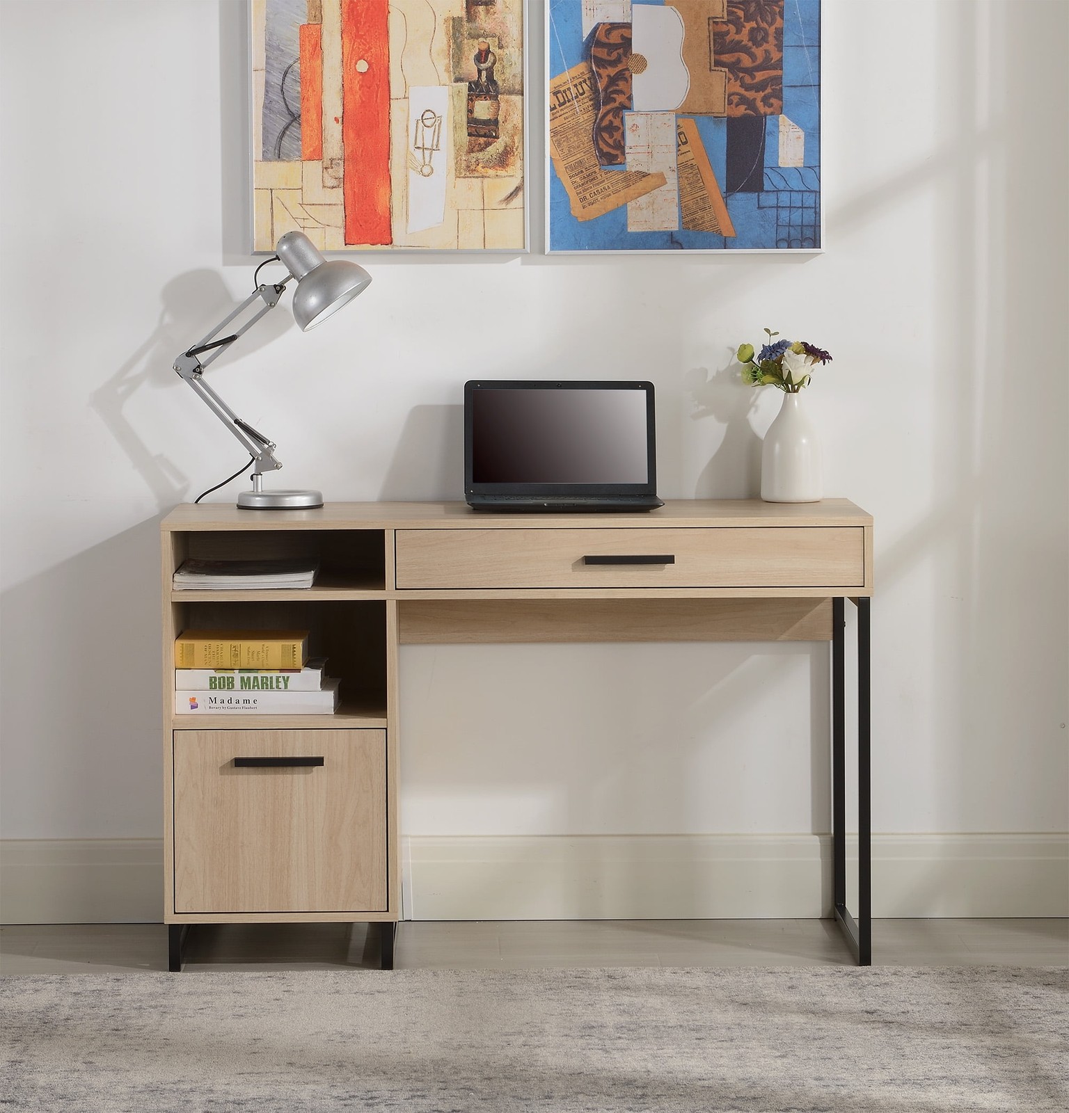 Wood & Metal Writing Desk with 1 Drawer and 1 Door for Teen Adult,29.92 In, Natu