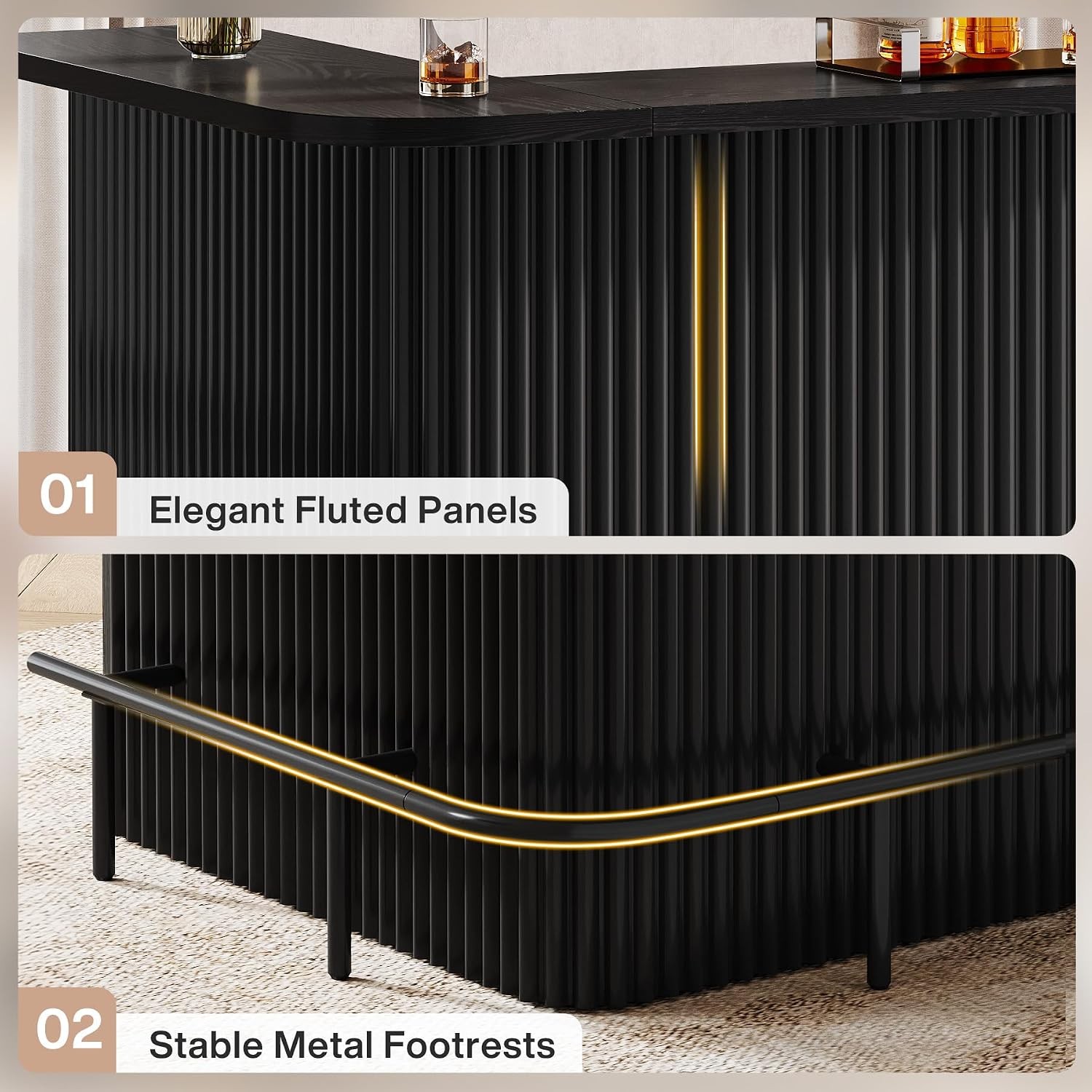 L Shaped Bar Table, Modern Home Bar Unit with Storage Shelves & Metal Footrest