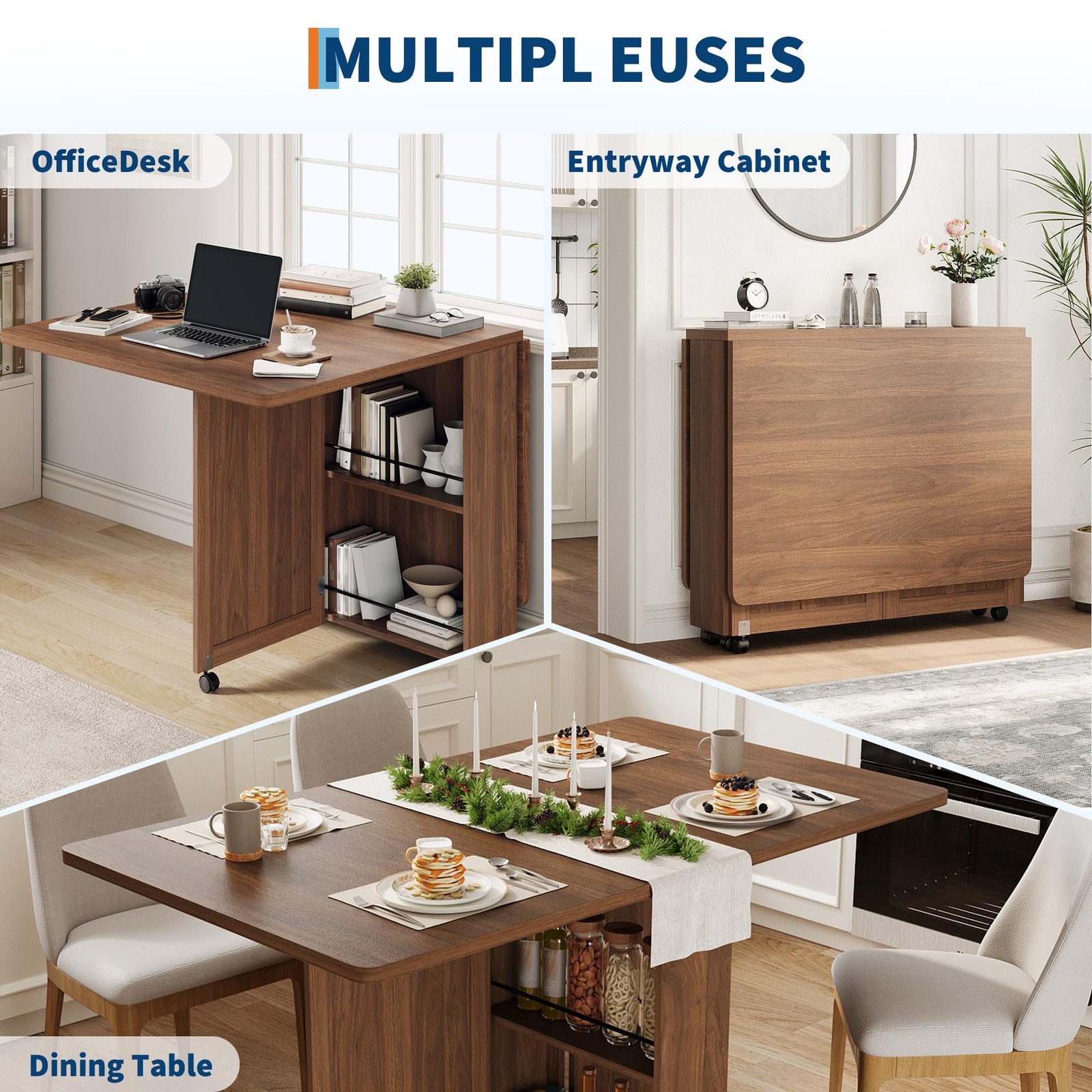 Folding Dining Table with Storage, Space Saving Kitchen Table with 6 Wheels