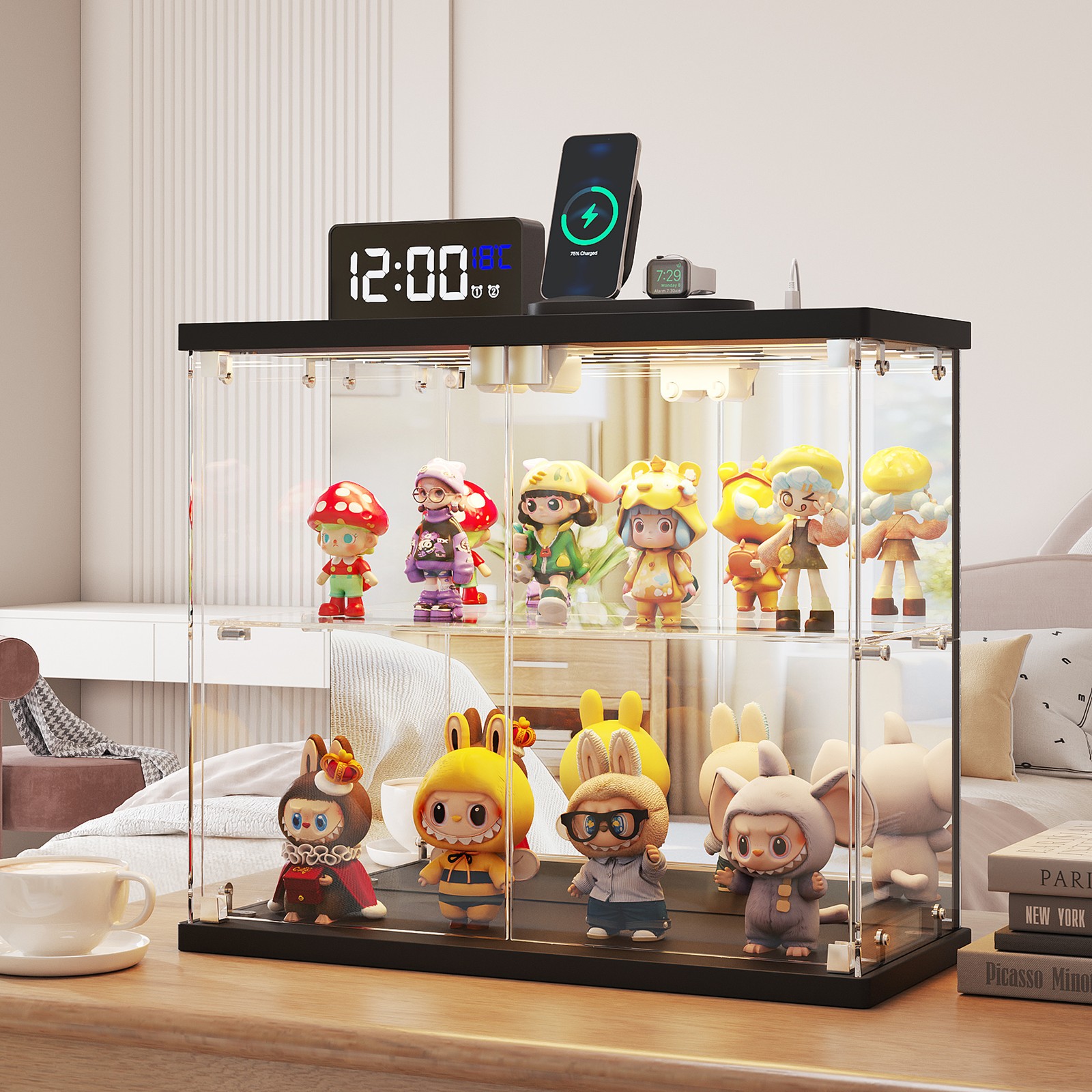 Glass Display Case with LED Lights & Human Sensor for Model Car, & Collectibles