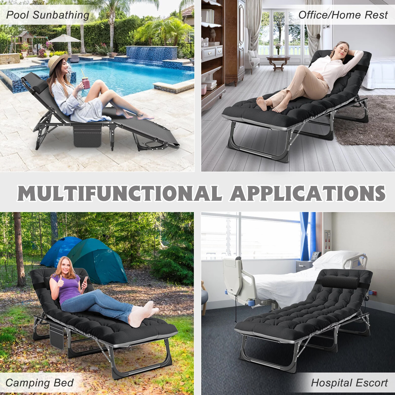 Folding Camping Cot Bed Adjustable 5-Position Folding Lounge Chair Portable 3IN1