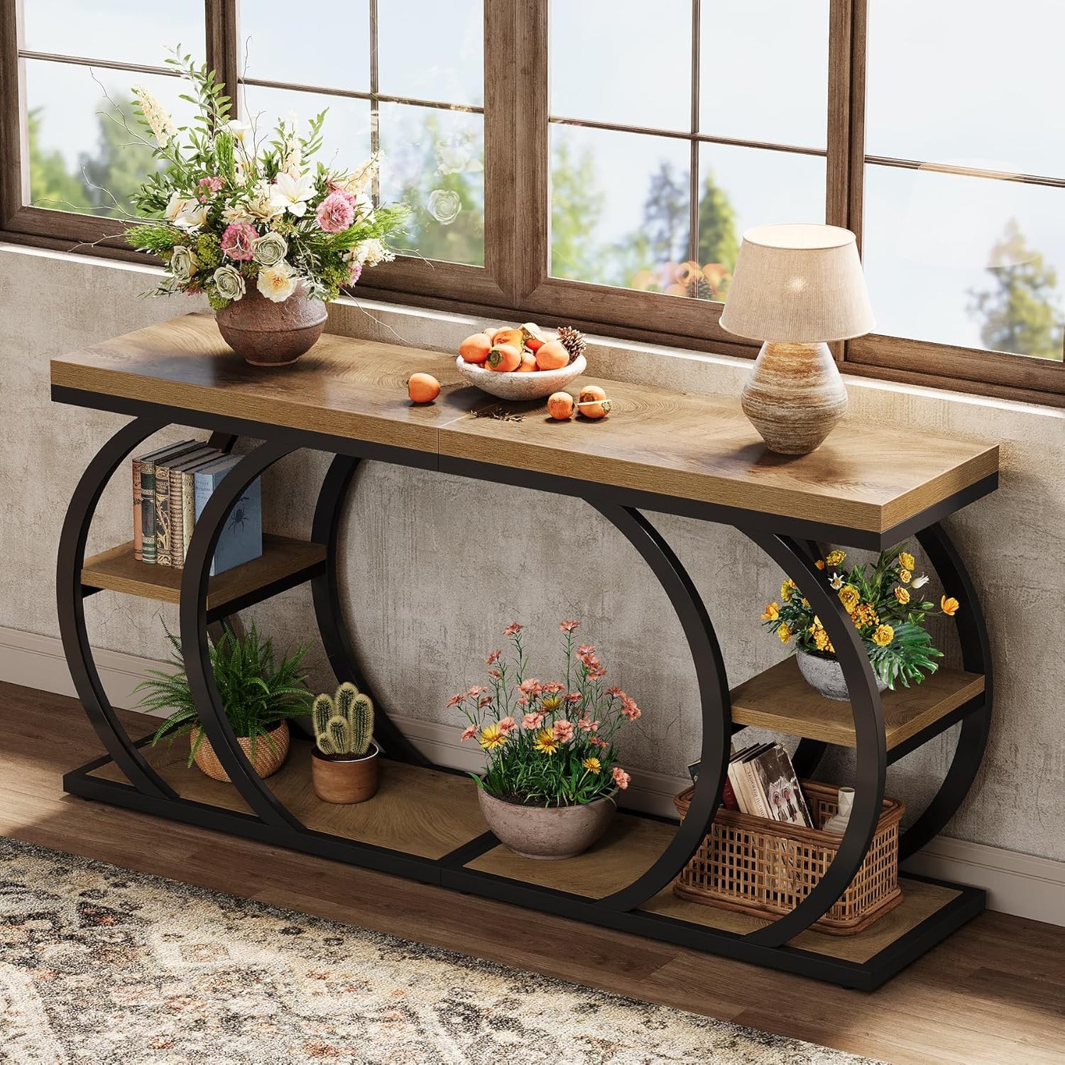 3-Tier C-Shaped End Table Industrial Narrow Wood Couch Side Table for LivingRoom