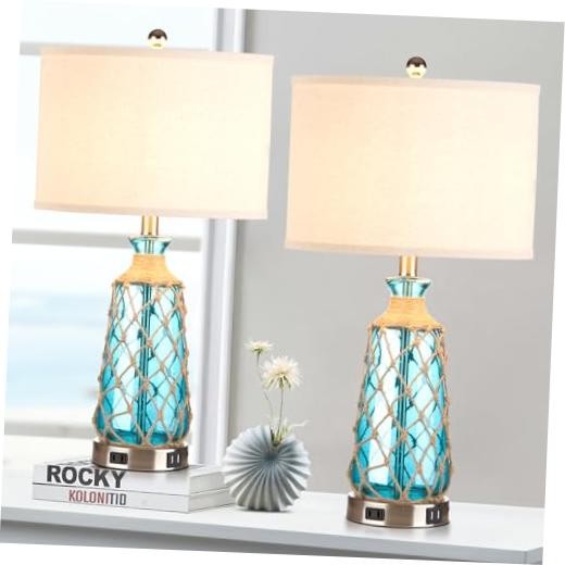 25.5″ Coastal Glass Table Lamps Set of 2, 3-Way Dimmable Touch Control Teal