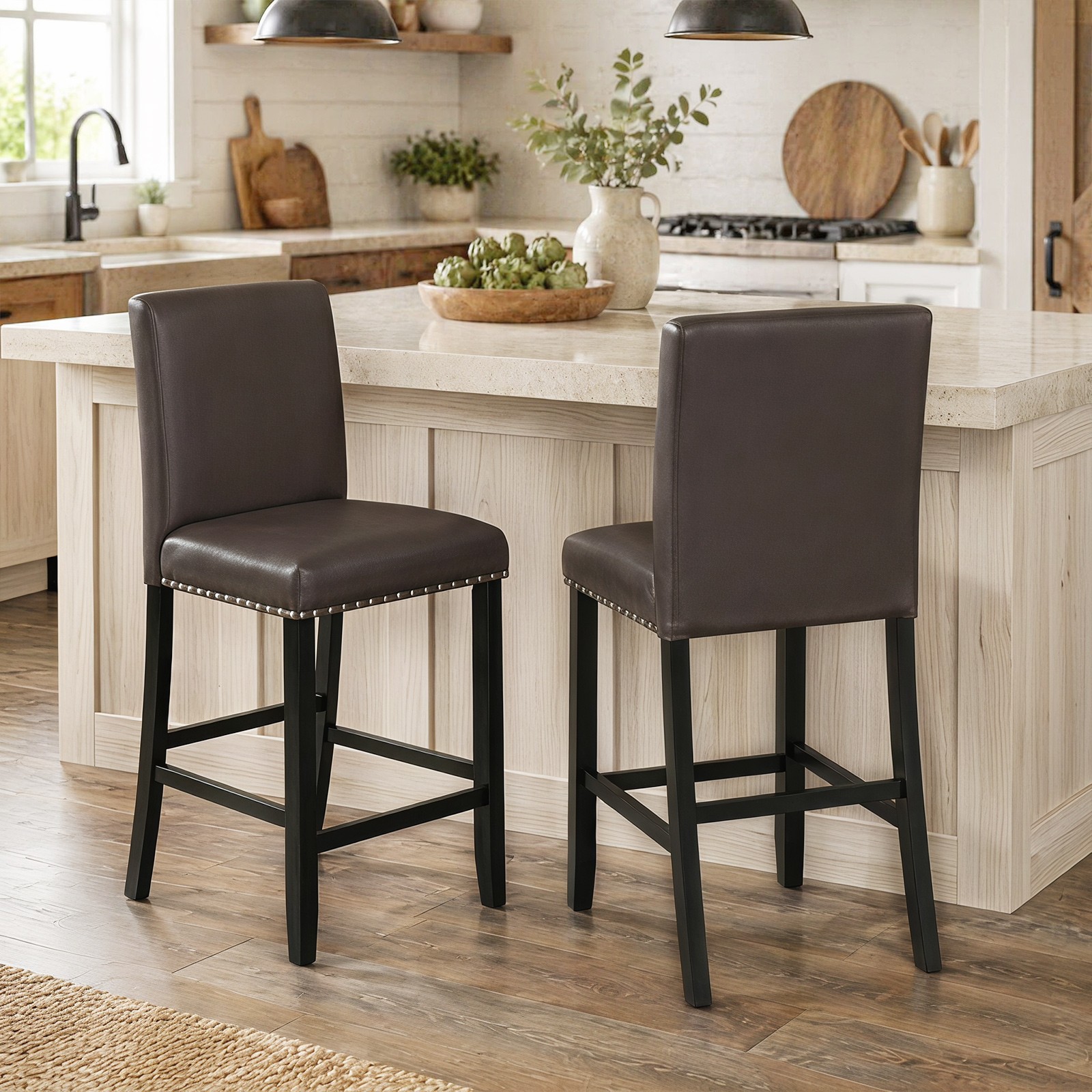 2PCS Upholstered Bar Stool, 25.5” Counter Height PVC Leather Accent Bar Chairs