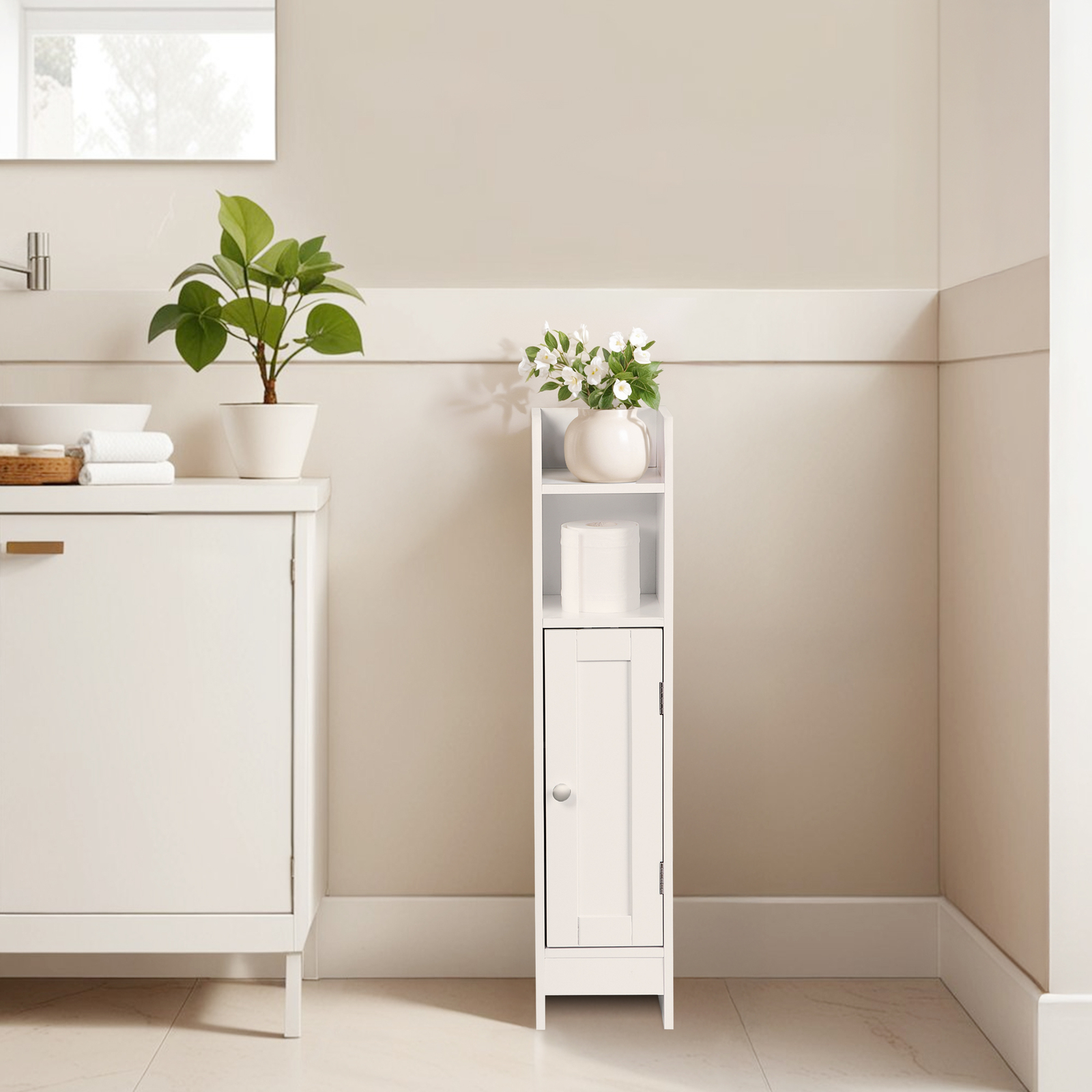 Narrow Bathroom Storage Corner Floor Toilet Cabinet w/ Door & Adjustable Shelves