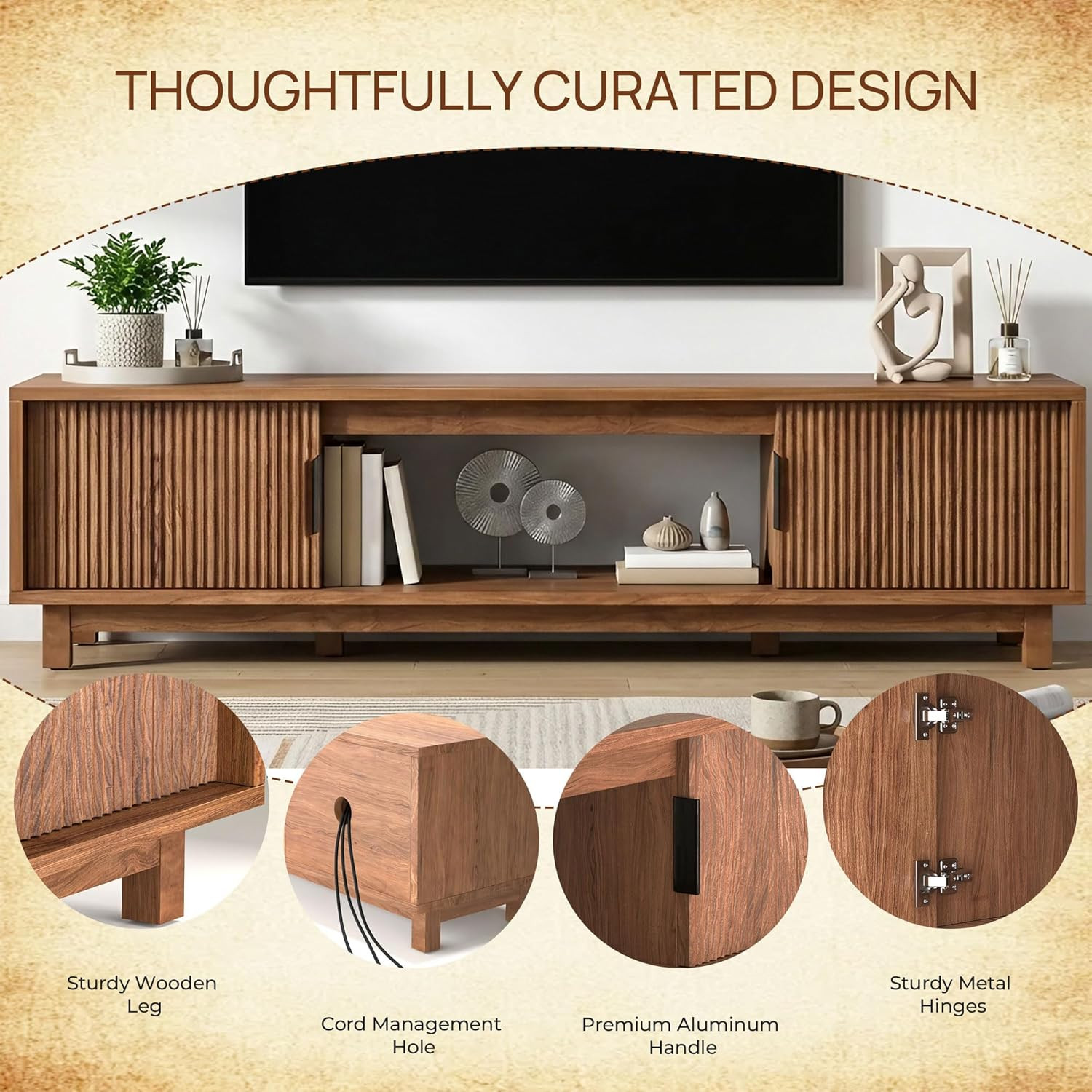 Mid Century Modern 70″ Fluted TV Stand with Storage for 65-80 Inch TVs