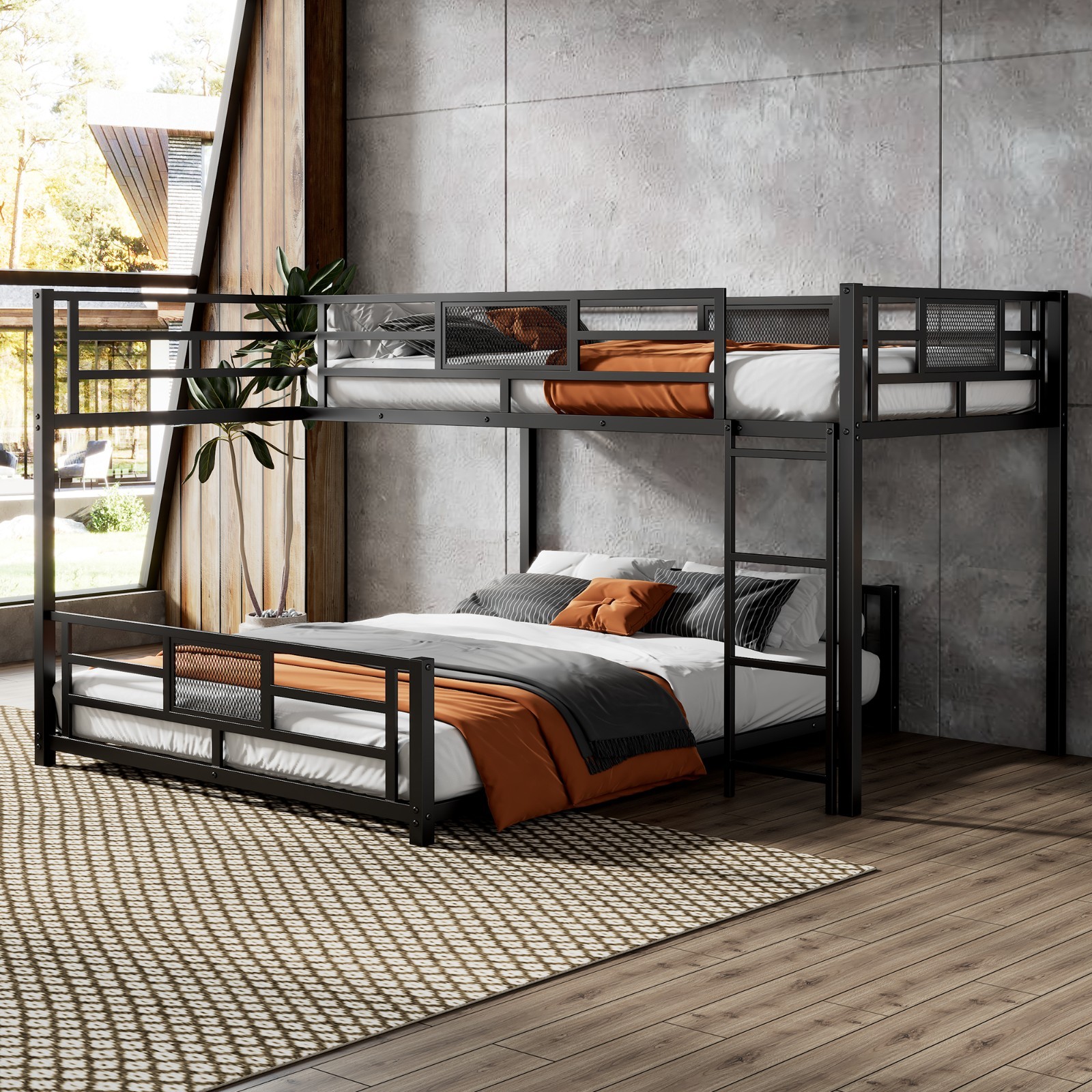 L-shaped Metal Twin over Full Size Bunk Bed with Ladder for Bedroom Black