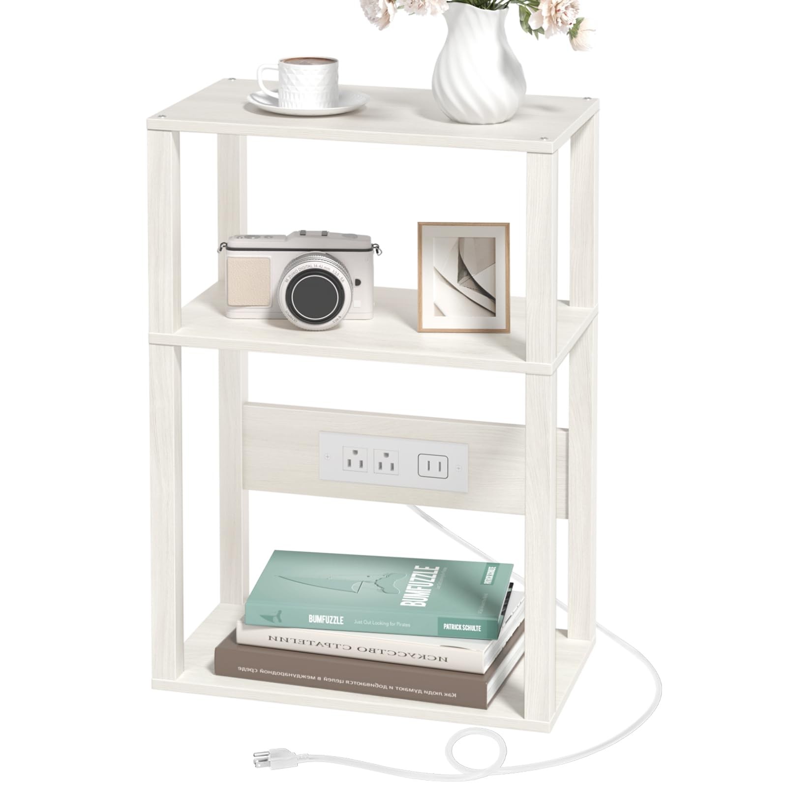 3-Tier Small Narrow Wood Side Table Charging Station USB Ports Grey White
