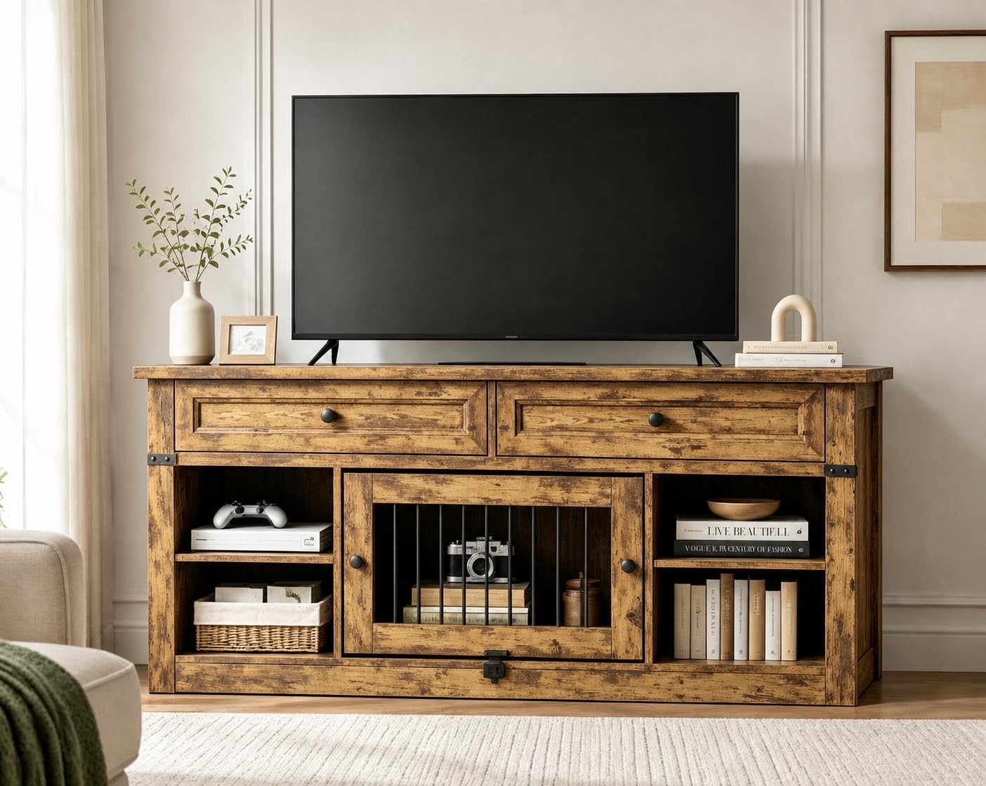 Farmhouse TV Stand 65 Inch TV Entertainment Center W/ 2 Storage Drawers Open